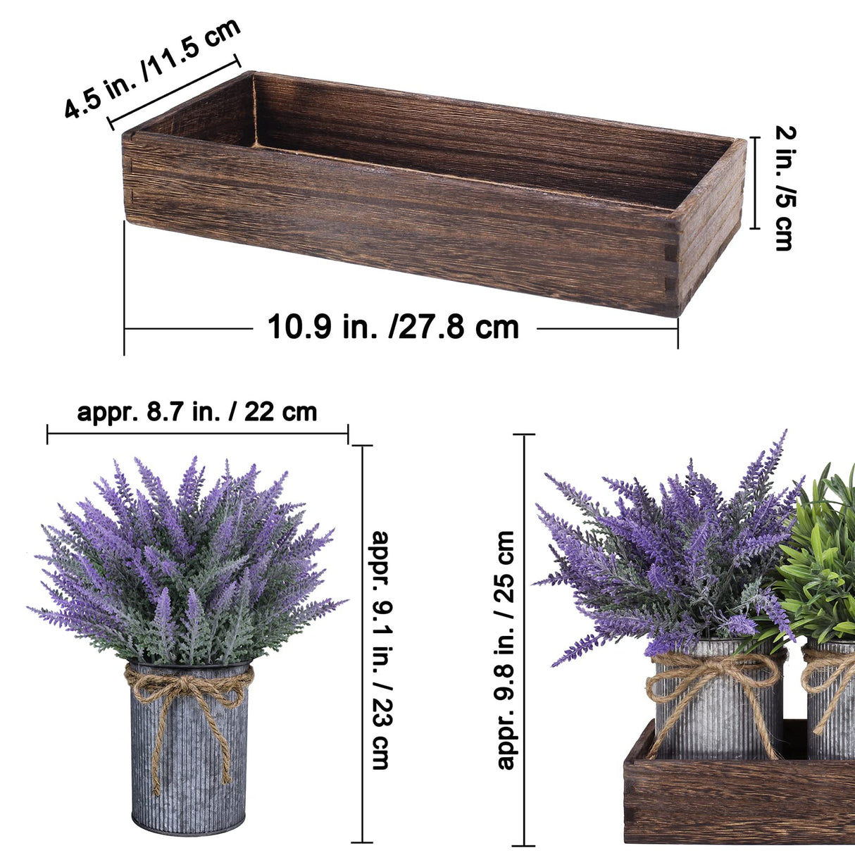 Set of 3 Small Potted Plants Arrangement Artificial Lavender and Grass Plants in Rustic Galvanized Metal Pots with Decorative Wood Tray for Farmhouse Table Centerpiece Windowsill Indoor Greenery Decor Winlyn