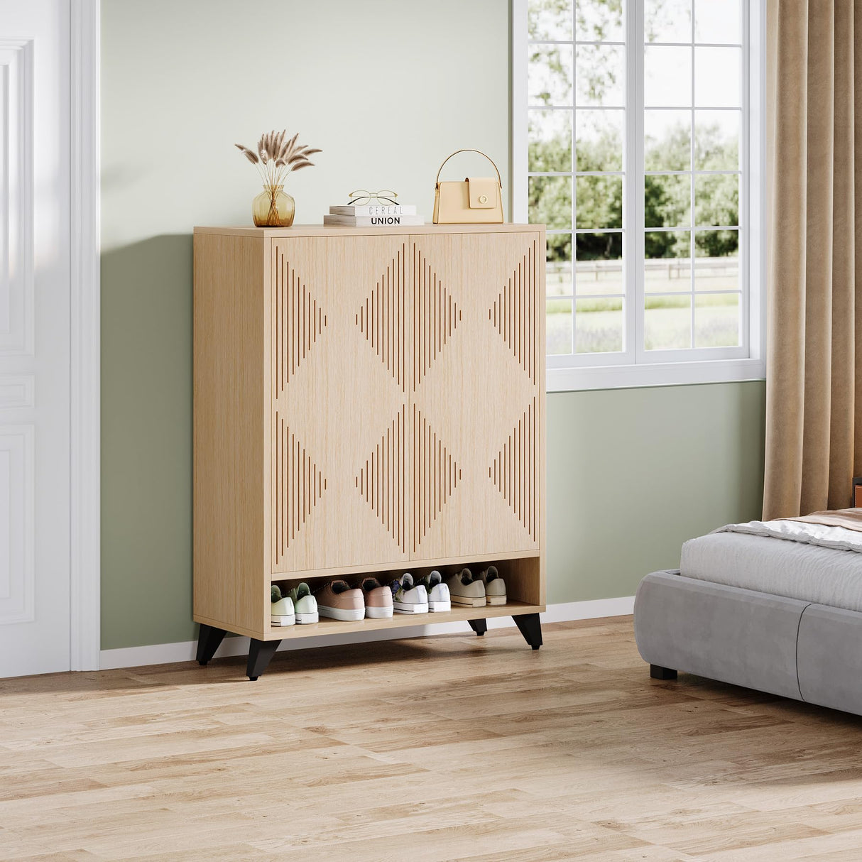 Tribesigns Shoe Cabinet with Doors, 6-Tier Entryway Shoe Storage Cabinet with Adjustable Shelves, Modern Wooden Shoe Organizer Cabinet for Living Room, Bedroom, Natural Tribesigns