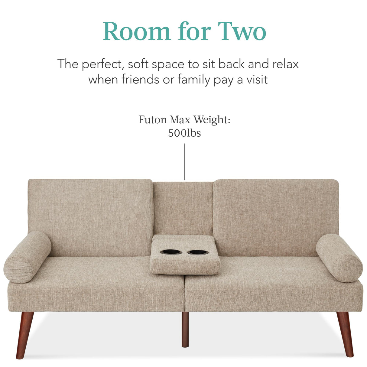 Best Choice Products Mid-Century Modern Upholstered Futon, Convertible Folding Sofa Bed, Small Couch w/Rounded Armrests, 2 Cupholders - Sand Best Choice Products