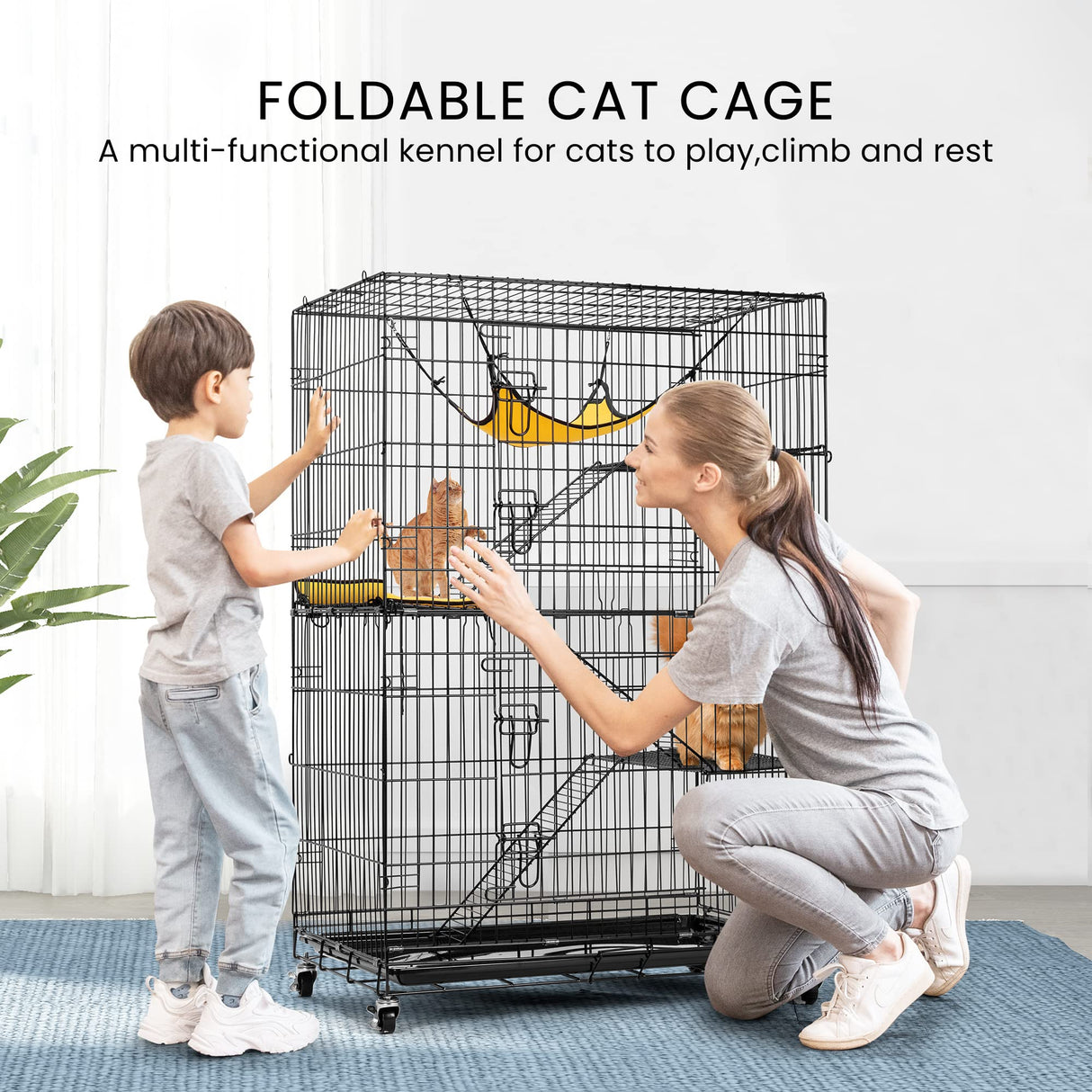 VIVOHOME 4-Tier 49 Inch Collapsible Metal Cat Kitten Ferret Cage 360° Rotating Casters Enclosure Pet Playpen with Ramp Ladders Hammock and Bed Black VIVOHOME