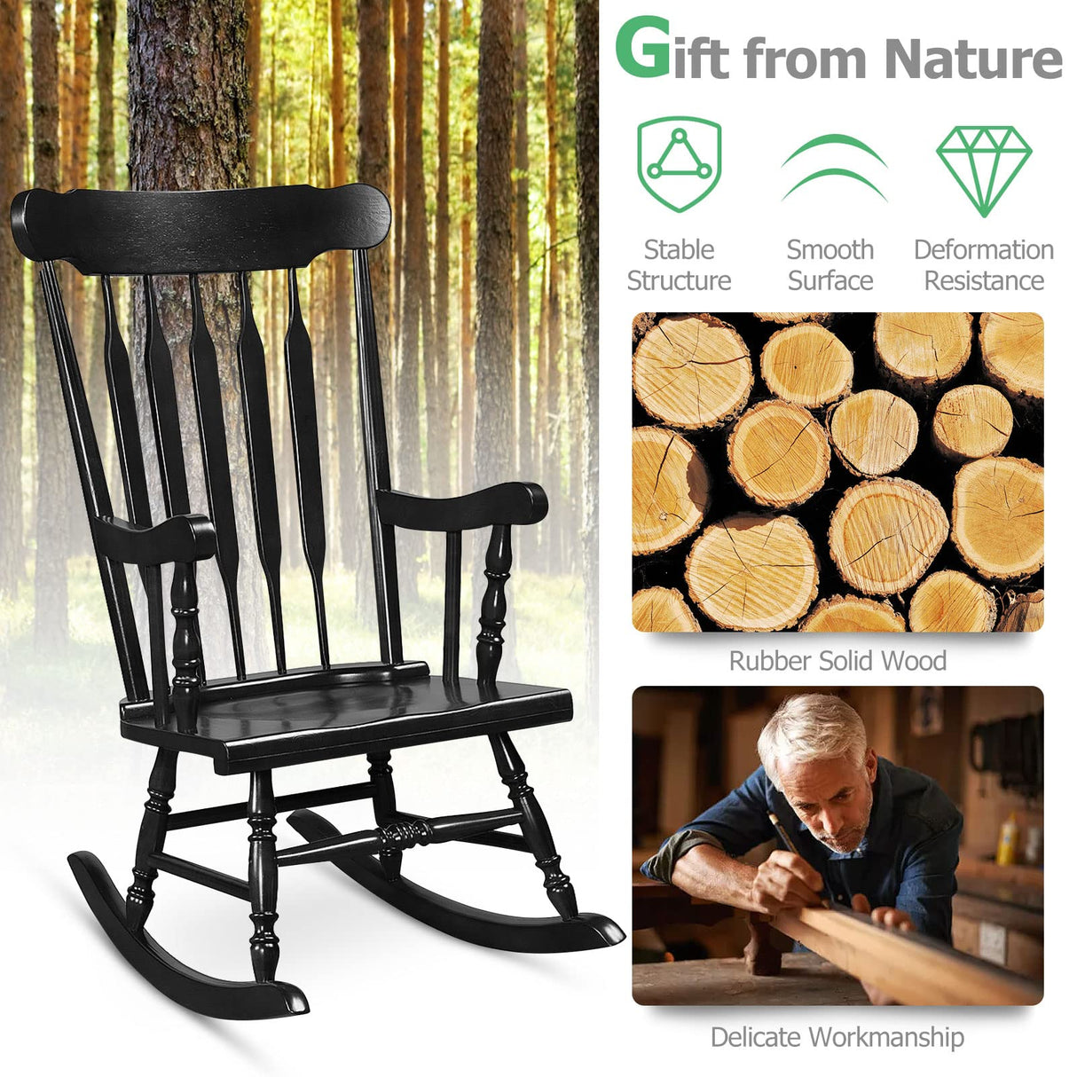 Tangkula Patio Rocking Chair Solid Rubber Wood, Outdoor Porch Rocker Chair with Rubber Wood Frame, Indoor Wooden Rocking Chair, Ideal for Garden, Backyard & Balcony (1, Black) Tangkula
