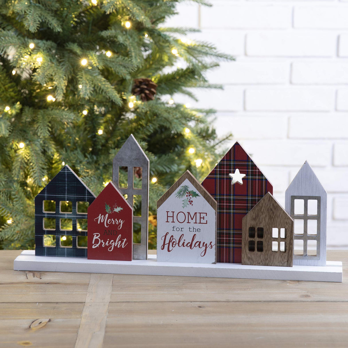Glitzhome Farmhouse Table Christmas Decor, Rustic Wooden House Block Table Top Christmas Decorations, Home Merry Christmas Sign Desk Shelf Ornaments, Winter Holiday Xmas Tabletop Centerpiece Sign Glitzhome
