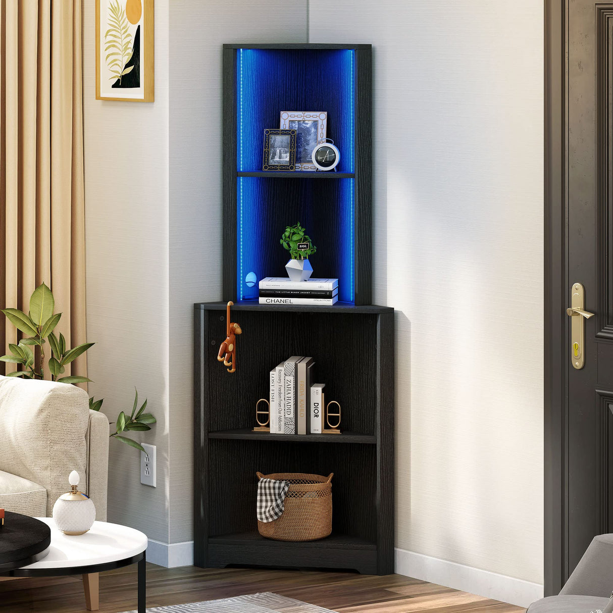 YITAHOME 5-Tier LED Corner Shelf Stand - Black Wooden Display Storage Rack for Bedroom and Living Room YITAHOME
