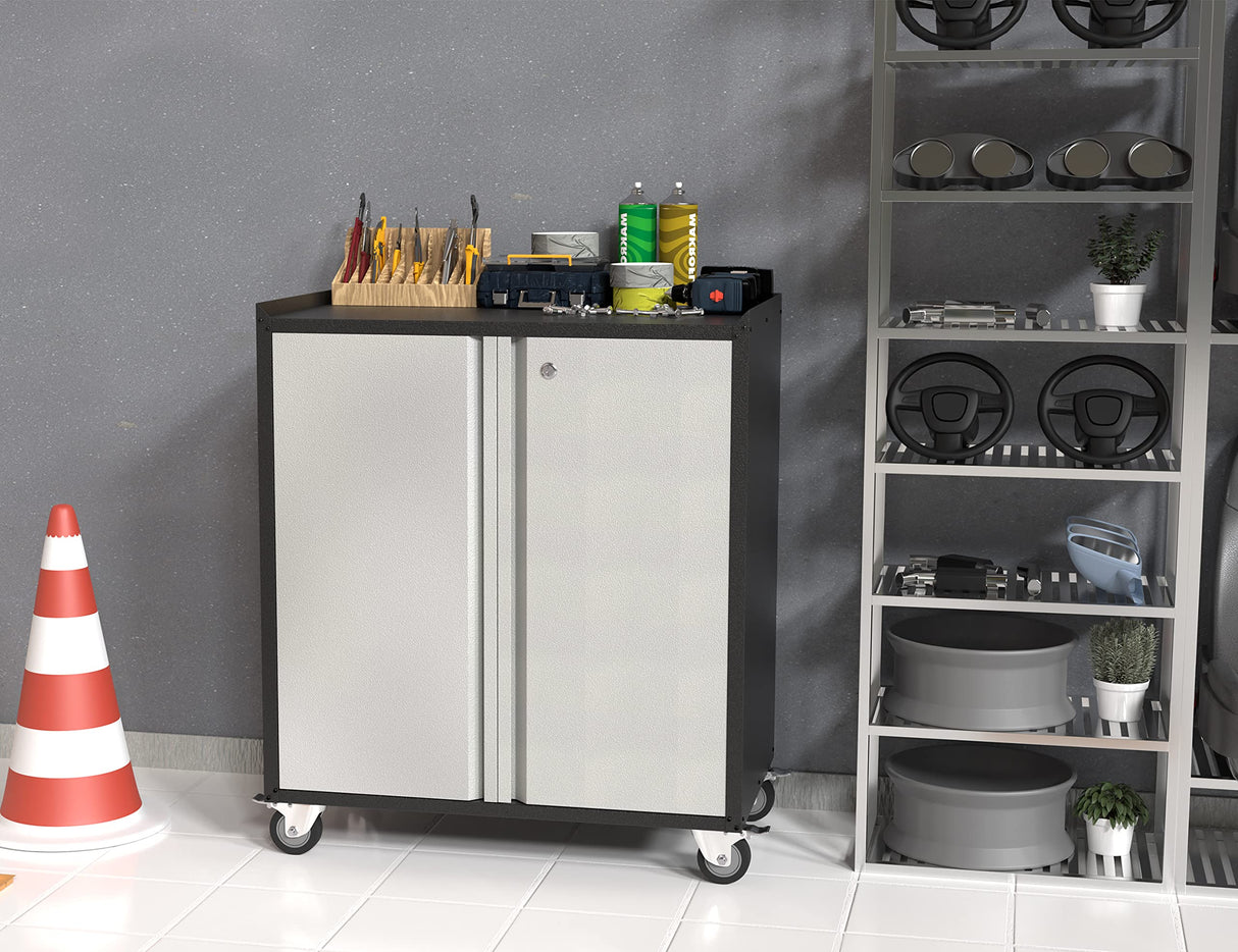 Aobabo 2 Door Tool Cabinets for Garage, 35.4 Inches Lockable Garage Storage Cabinet, Locking Metal Storage Cabinet with Wheels, Rolling Tool Chest, Assembly Required, Black/Gray Aobabo