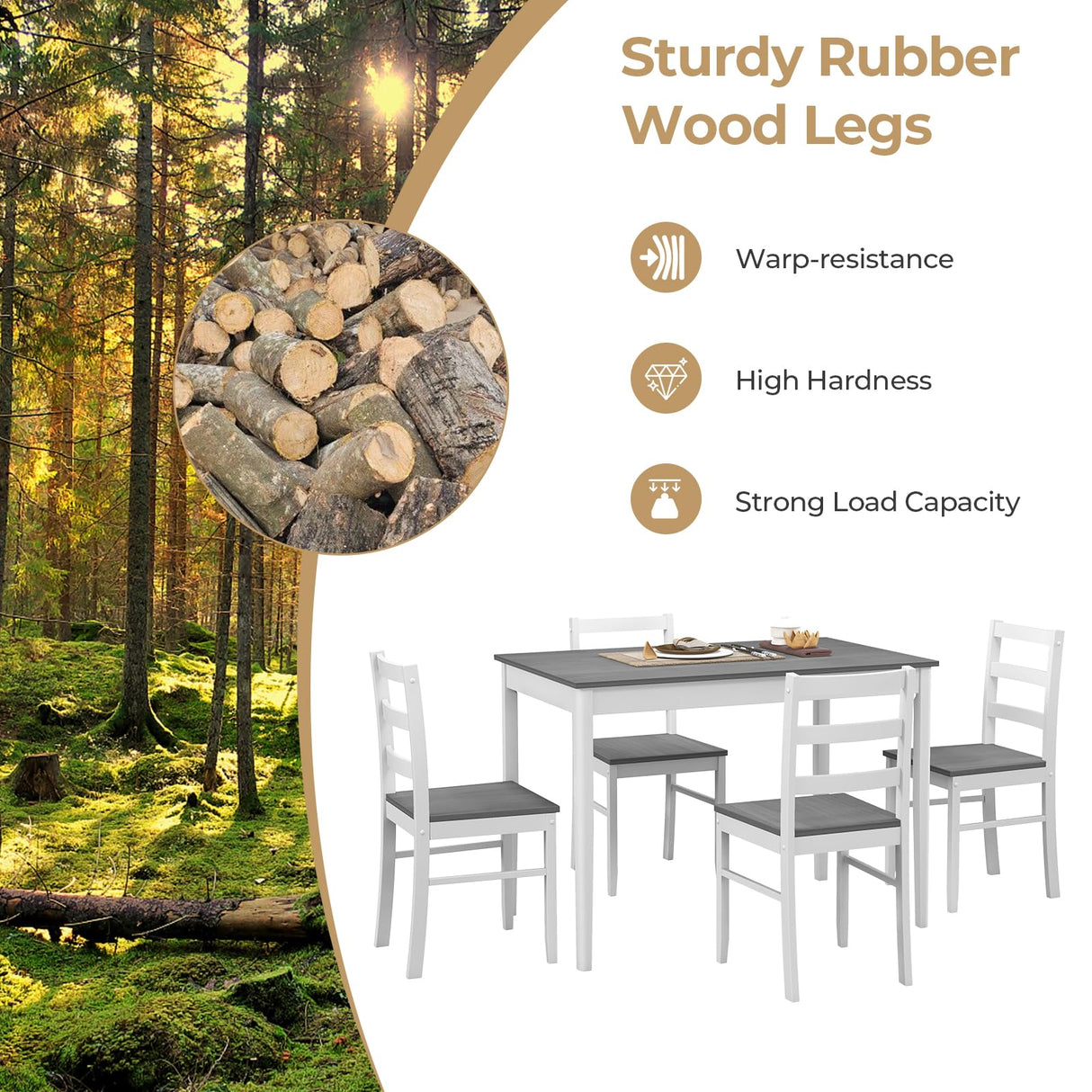 Tangkula Dining Table Set for 4, Farmhouse Solid Wood Dinette Set w/Rubber Wood Legs, Compact Wooden Dining Table and Chairs Set for Kitchen, Dining Room (Grey+White) Tangkula