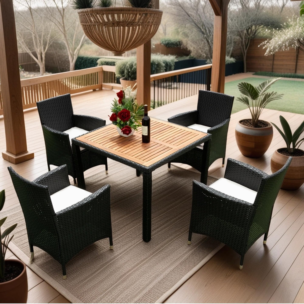 EMKK 5 Piece Outdoor Dining Set All-Weather Wicker Patio Table and Chairs with Cushions, Acacia Glass Tabletop for Backyard Porch Garden Poolside, OneSize, Black+Cream EMKK