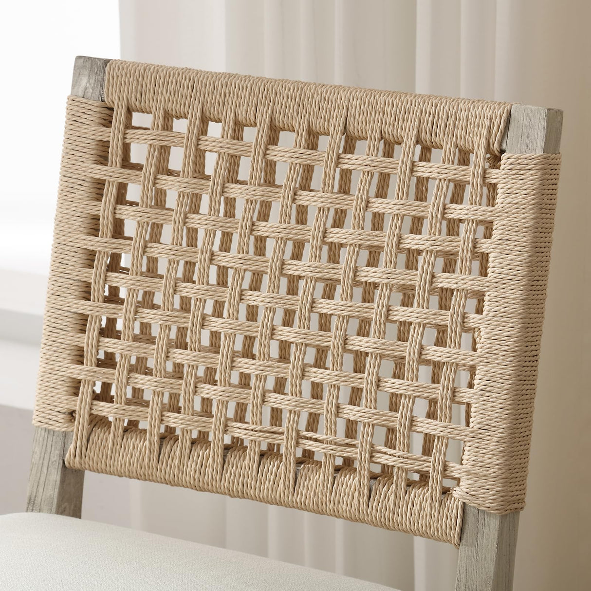 LZAREAL Farmhouse Dining Chairs Set of 4 Linen Fabric Upholstered Accent Side Chair, Mid Century Modern Kitchen & Dining Room Chairs with Woven Rope Back for Home, Living Room, Bedroom - White LZAREAL