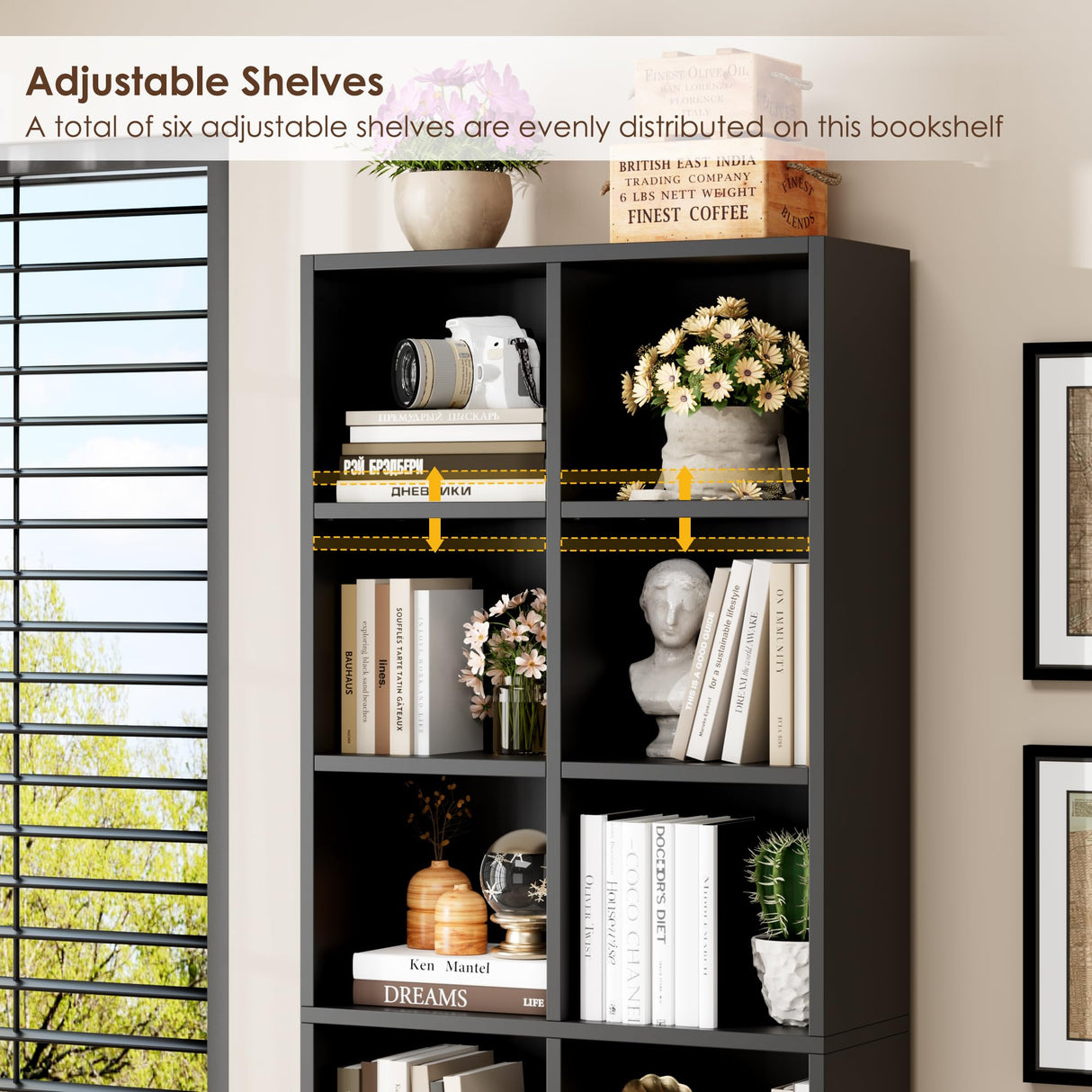 FOTOSOK 71'' Tall Bookshelf, Double Wide Media Tower Rack CD DVD Rack Display Cabinet with Adjustable Shelves, Tall Narrow Bookcase Black Bookshelf for Home Office, Black FOTOSOK