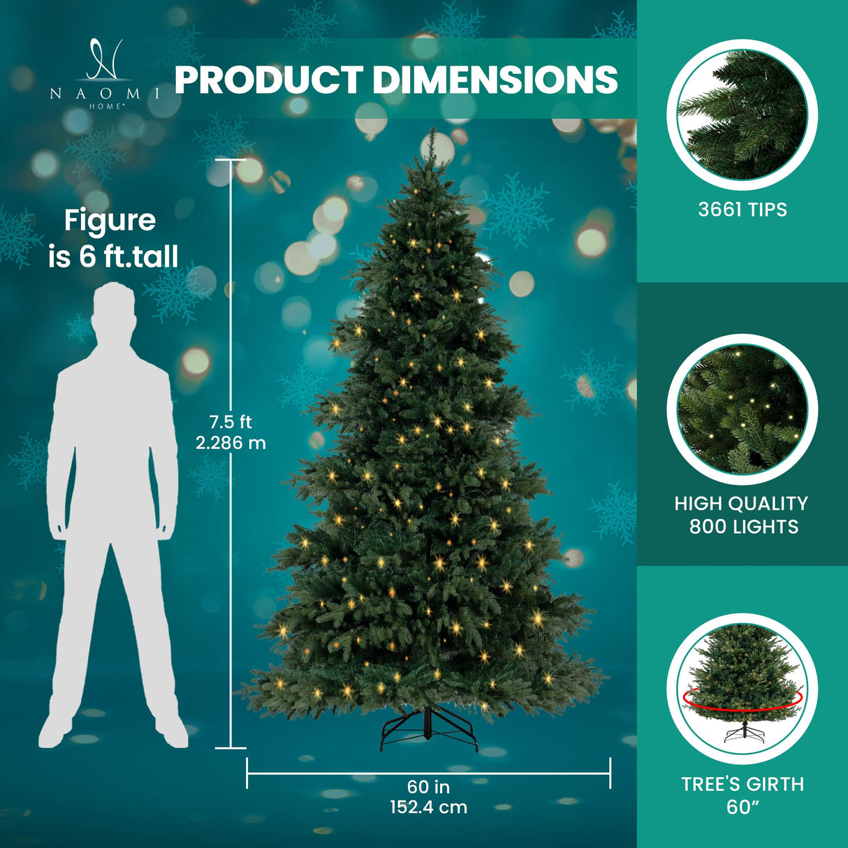 Cynthia 7.5ft Prelit Aritificial Christmas Tree with 3661 Branch Tips, 800 Warm Lights and Metal Stand, 60" Wide Realistic Rustic Christmas Tree with Lights by Naomi Home Naomi Home