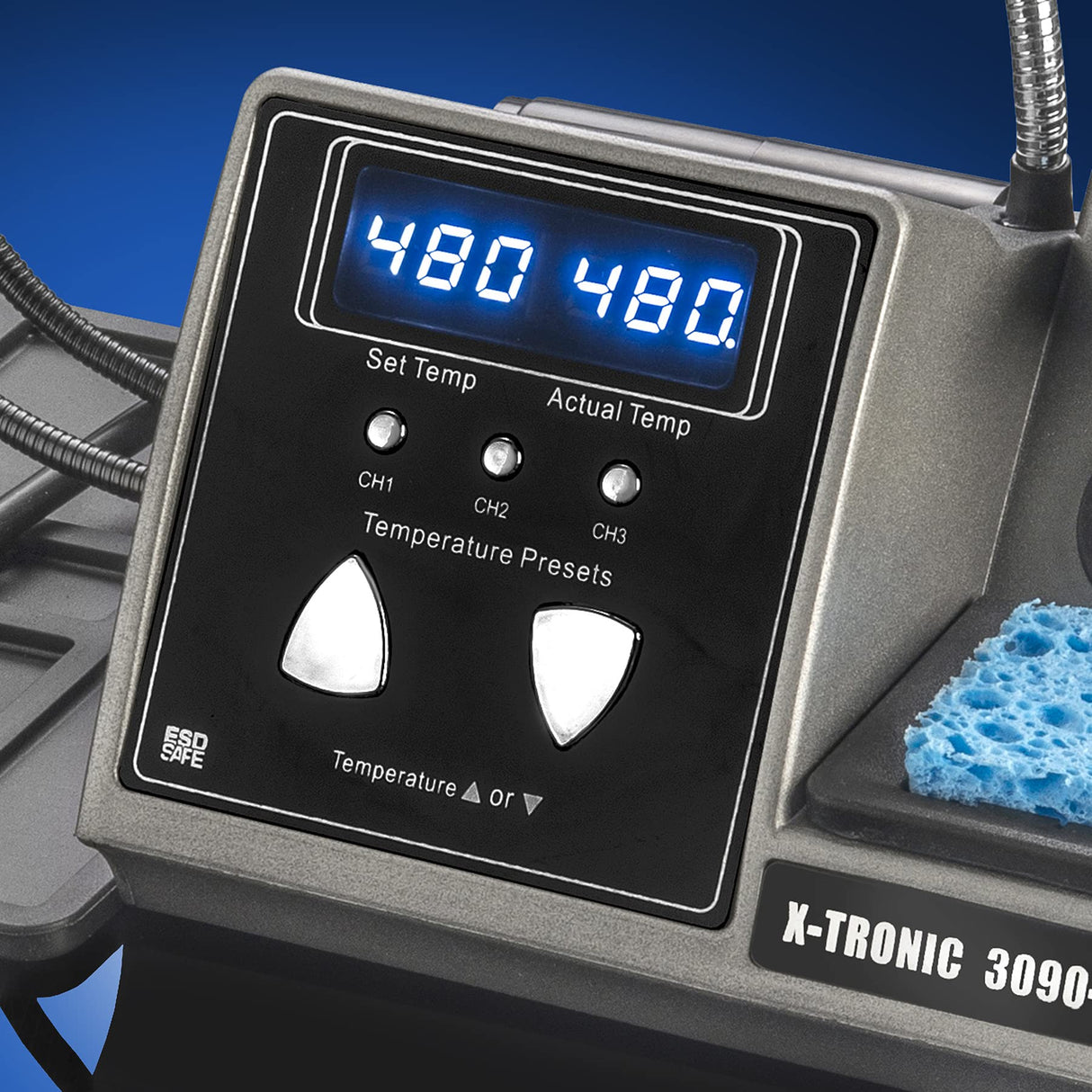 X-Tronic 3090-PRO-X – 75 W Soldering Iron Station – 5 Extra Tips, 2 LED Displays, Sleep Func, C/F, 3 Temp Presets, Mini Mag Lamp, 4 Helping Hands, Solder Sucker, Tweezers, Solder, Brass & Wet Sponges X-TRONIC