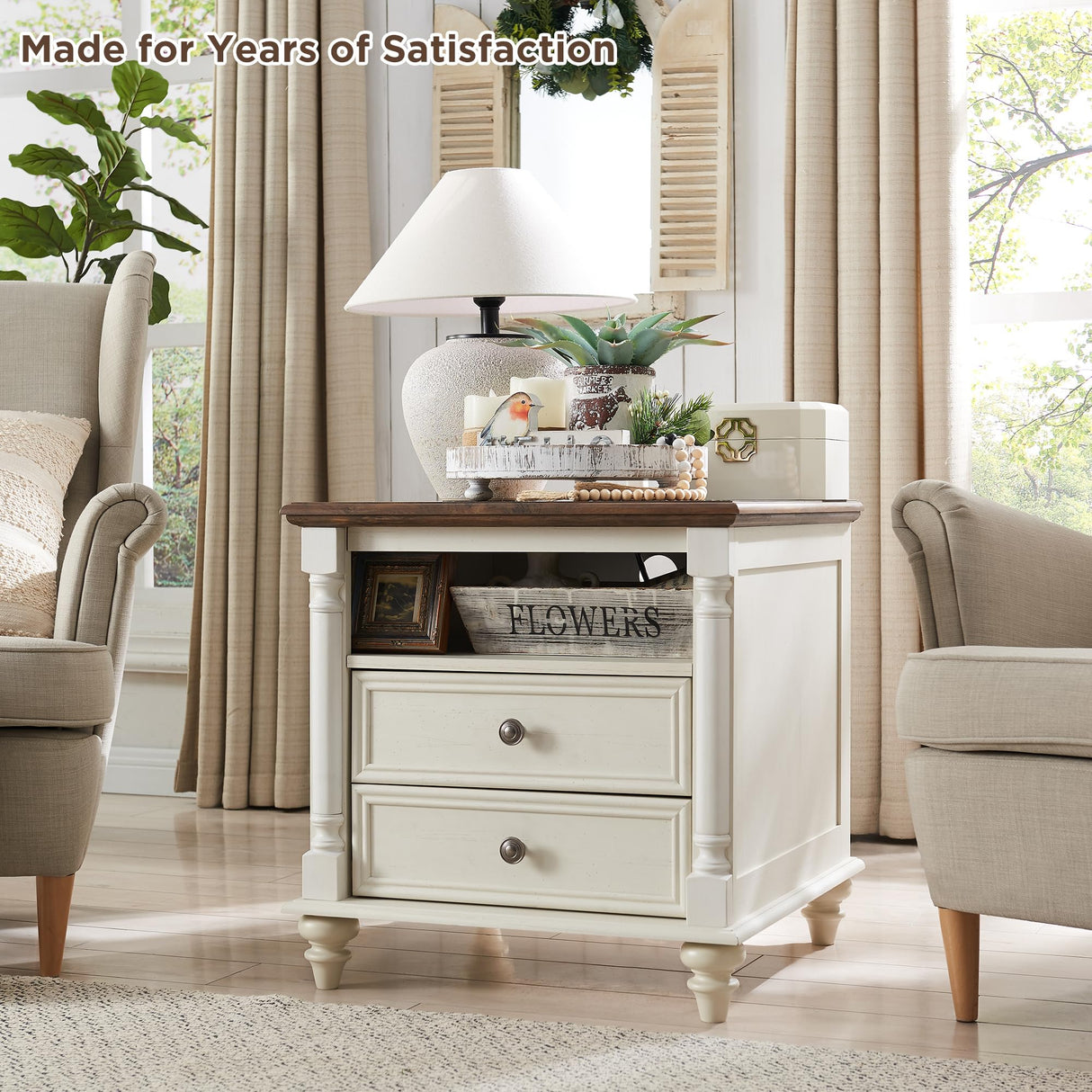 T4TREAM 24'' Farmhouse End Table w/4 Solid Wood Feet, Large 2 Drawers Wide Sofa Side Table with Charging Station, Tall Rustic Wood Square Nightstand for Living Room, Bedroom, Office, Antique White T4TREAM