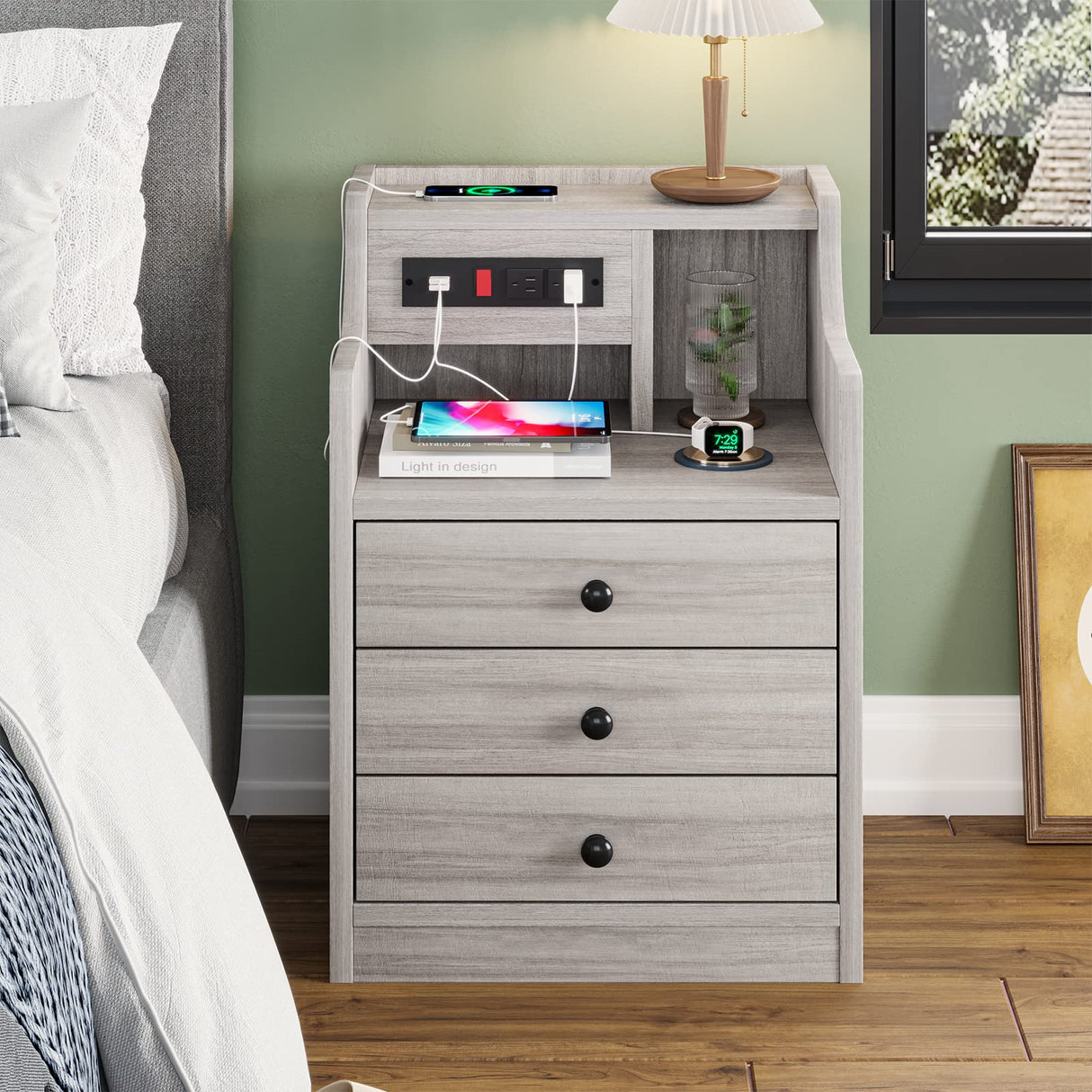 ADORNEVE Nightstand with Charging Station, Night Stand with Hutch & Storage Drawers, End Table Side Table Bedroom,Grey ADORNEVE