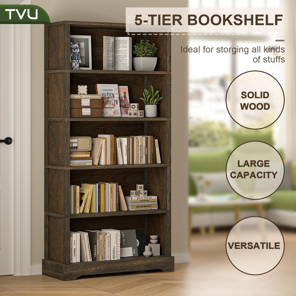 5-Shelf Wood Bookcase, 65 Inch Tall Bookshelf with Storage, Floor Standing Display Book Shelf (Rustic Brown) TVU
