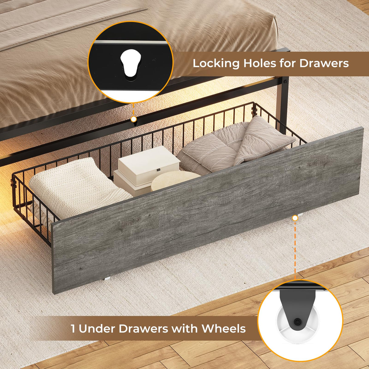 AOGLLATI Modern Twin Bed Frame with LED Lights, Storage Headboard and Drawers in Black Oak AOGLLATI