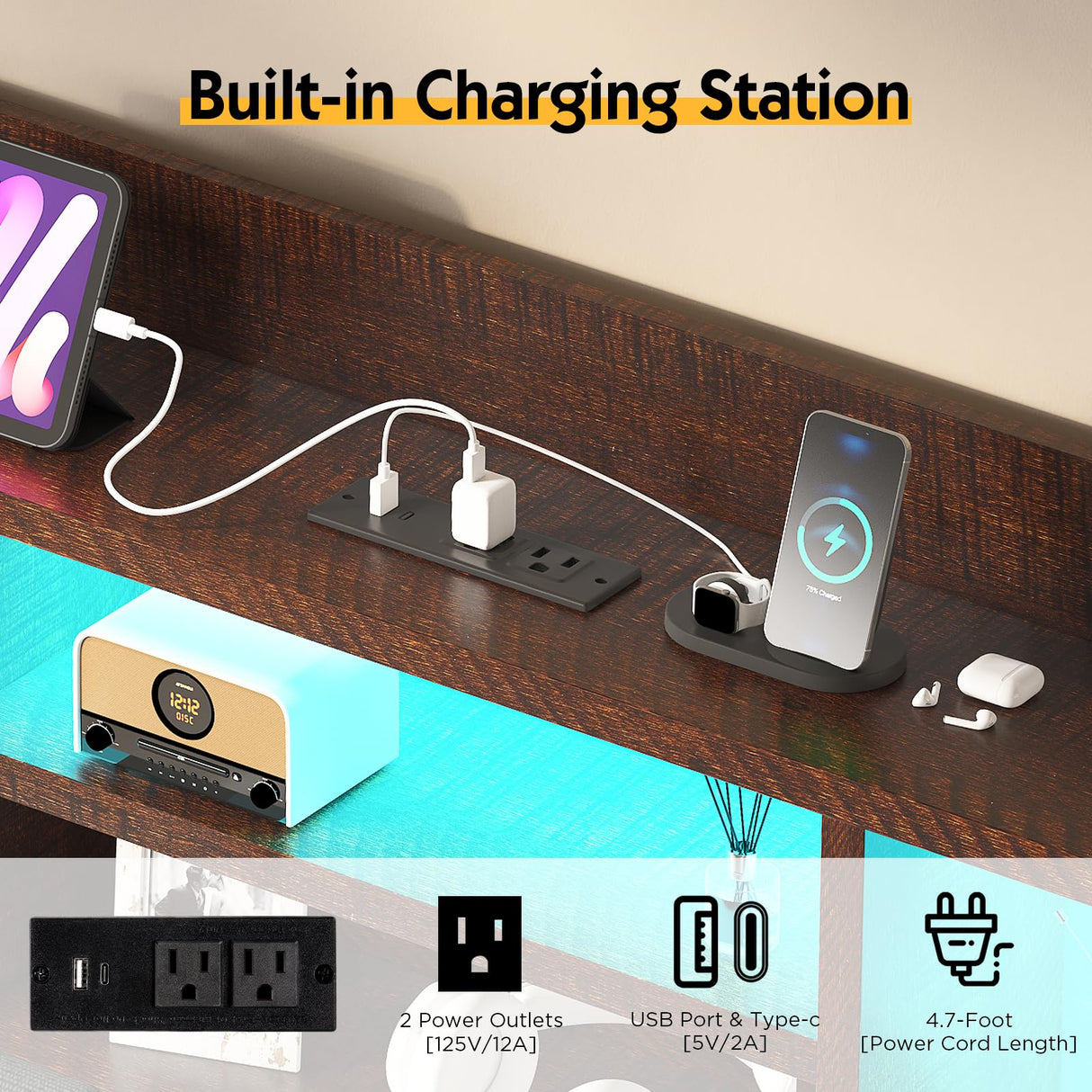 LUXOAK Full Farmhouse Bed Frame with Bookcase Headboard and 4 Drawers, LED Storage Bed with Charging Station & Linen Upholstered, No Box Spring Needed, Reclaimed Barnwood LUXOAK