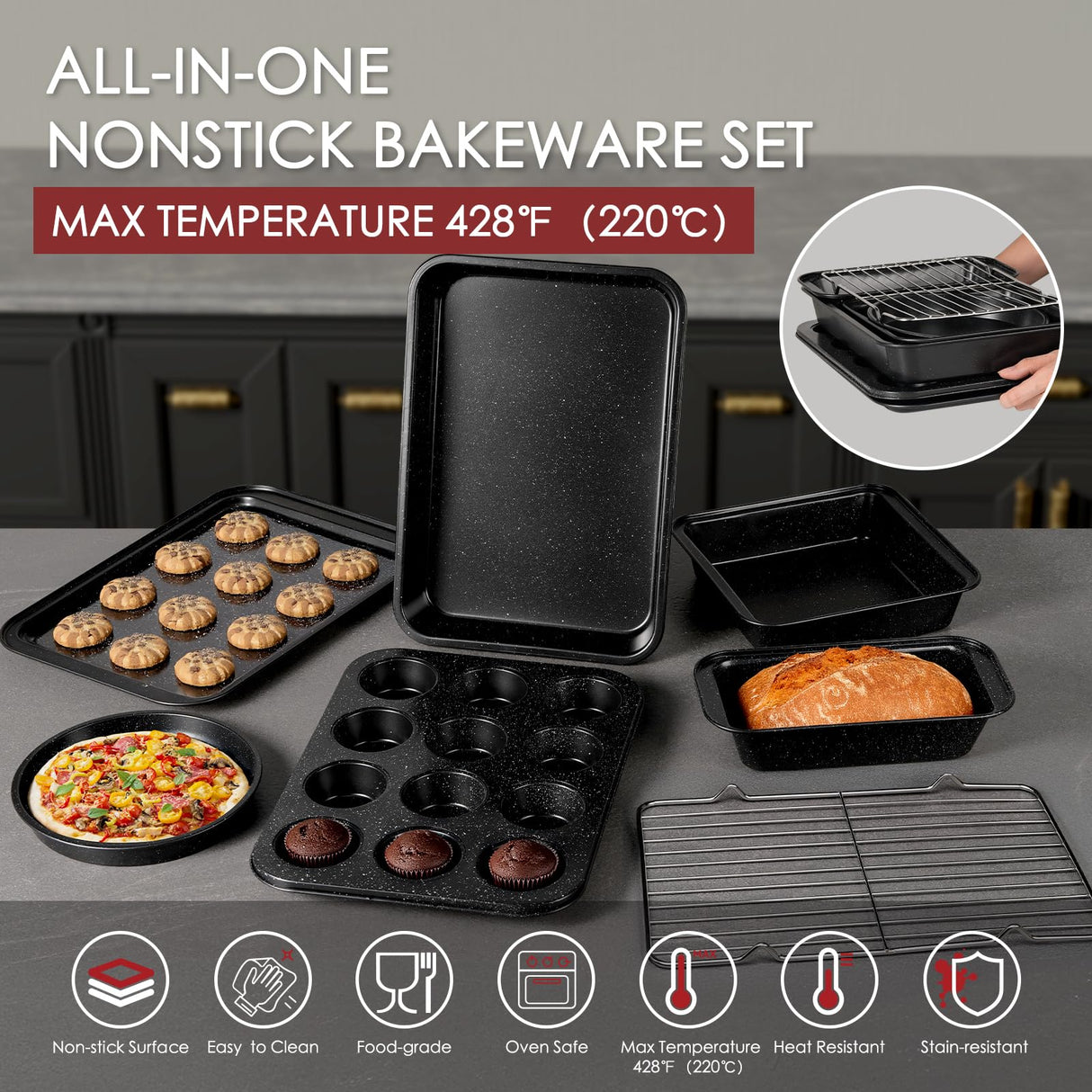 Kikcoin 31 Pcs Kitchen Cookware Set, Non Stick Pots and Pans Set Bakeware Set Nonstick Cooking Set with Baking Pans, Frying Pans, Saucepan, Grill Pan, Utensils Kikcoin