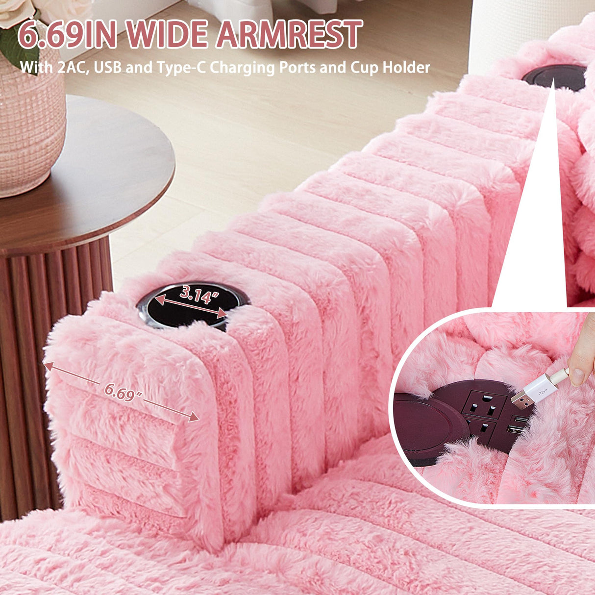 RARZOE 64'' Oversized Chaise Lounge Chair Indoor, Plush Faux Rabbit Fur Sleeper Sofa Bed with 4 Pillows, Charging Station & Cup Holders, Fluffy Comfy Cloud Couch Loveseat Sofa for Living Room,Pink RARZOE