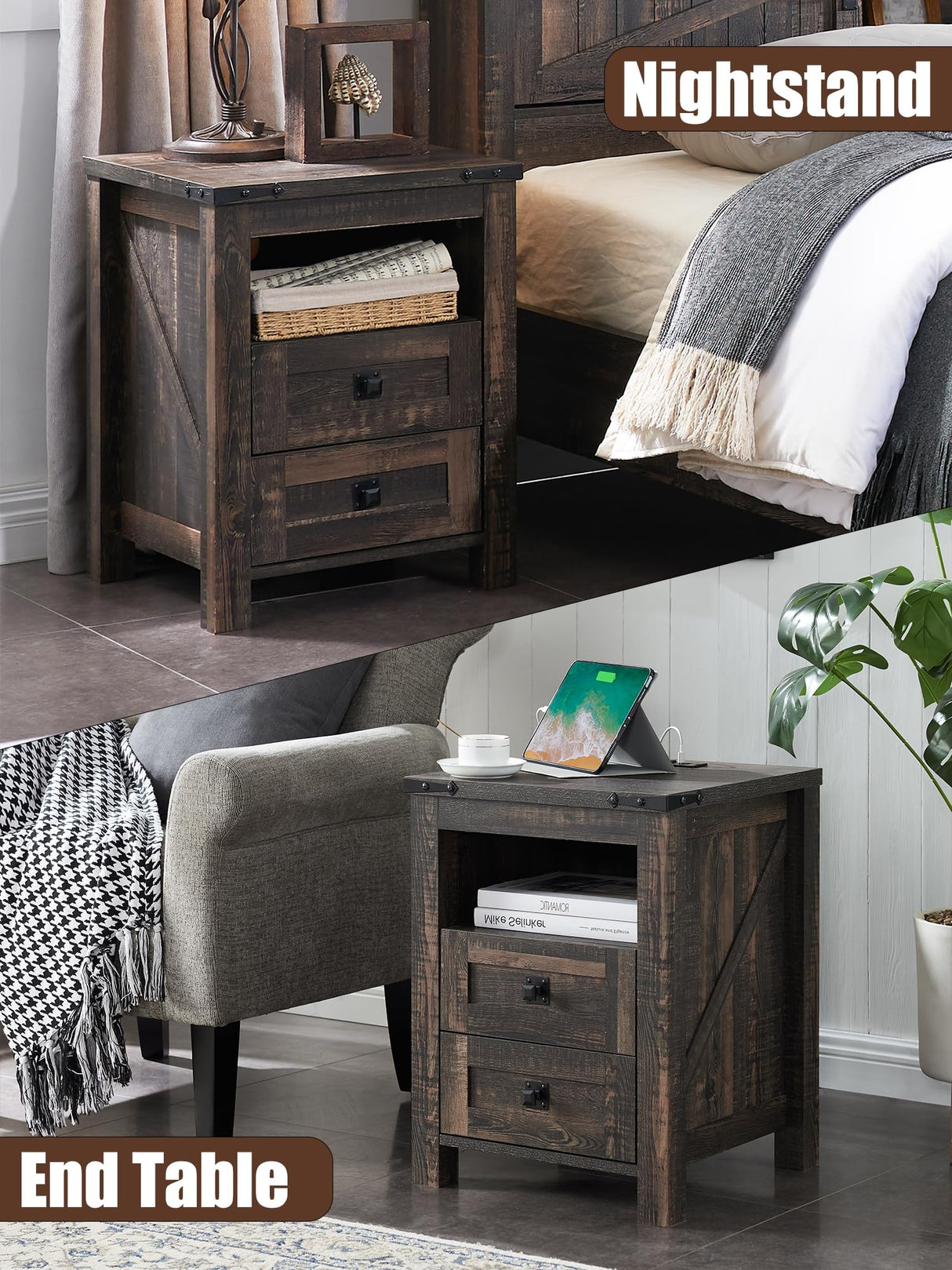 T4TREAM Nightstand with Charging Station, End Table, Side Table with 2 Drawers Storage Cabinet for Bedroom, Living Room, Farmhouse Design, Wood Rustic, Dark Rustic Oak T4TREAM