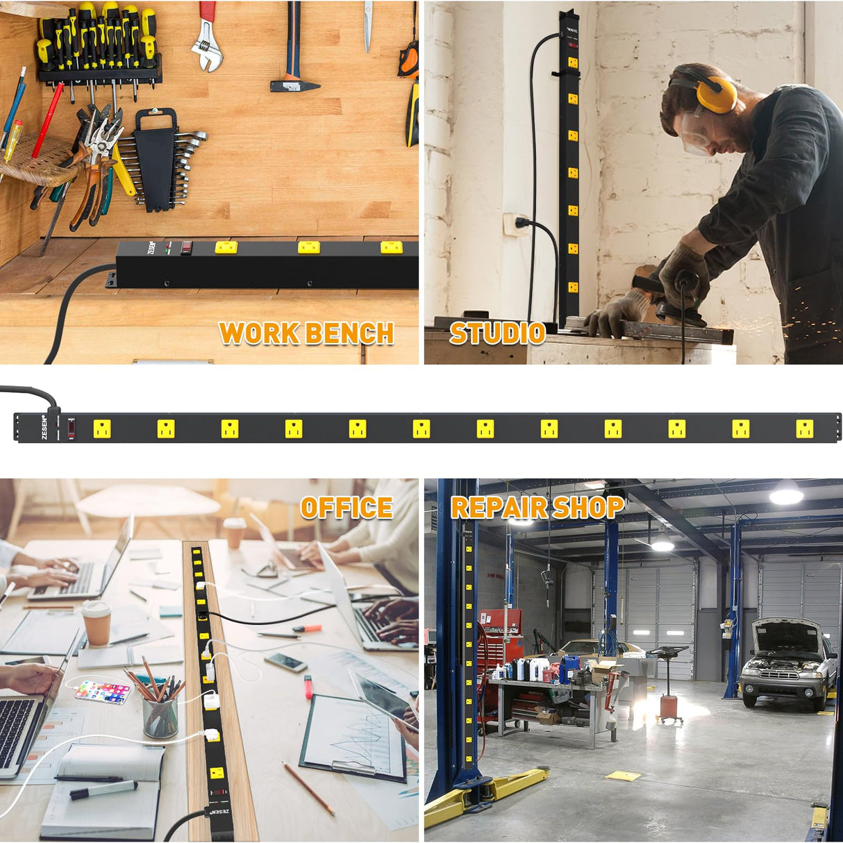ZESEN 12 Outlet Heavy Duty Workshop Metal Long Power Strip Surge Protector with 15ft Cord, Garage Workbench Multi Wide Industrial Outlet Power Strip, ETL Certified, Black ZESEN