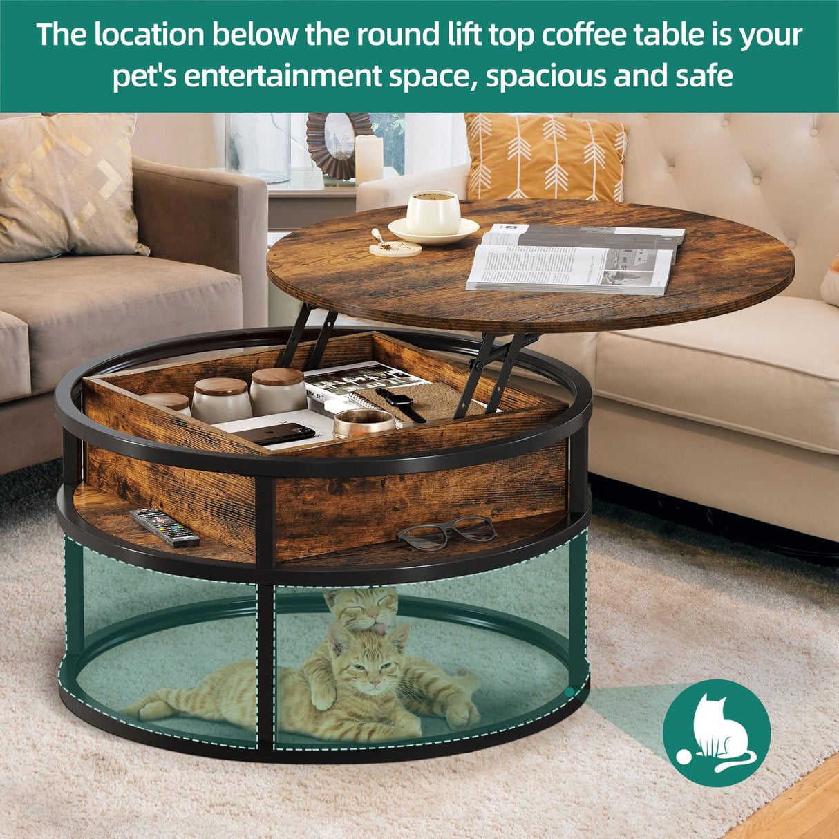 YITAHOME Round Lift Top Coffee Table with Storage, Coffee Tables for Living Room with Hidden Storage Compartment, Modern Coffee Table for Home Office, Wood Center Tables Living Room, Rustic Brown YITAHOME