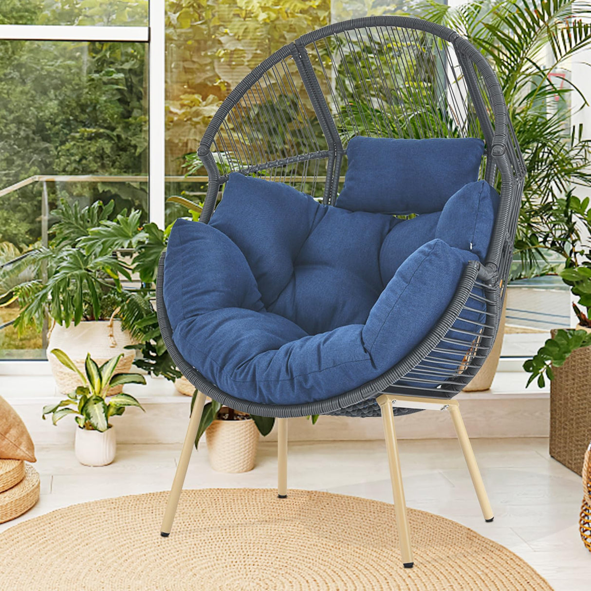 Belord Wicker Egg Chair with Ottoman - 350lbs Capaticy Outdoor Indoor Egg Shaped Basket Lounge Chair with Anti-Rust Stand Water Resistant Cushion with Ties for Patio Balcony Bedroom Living Room Blue Belord