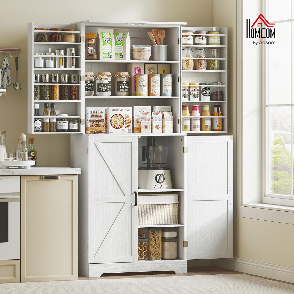 HOMCOM 72" Farmhouse Kitchen Pantry Cabinet, Freestanding Tall Storage Cabinet with 4 Barn Doors, 4 Adjustable Shelves and 8 Door Shelves, Embossed White Wood Grain HOMCOM