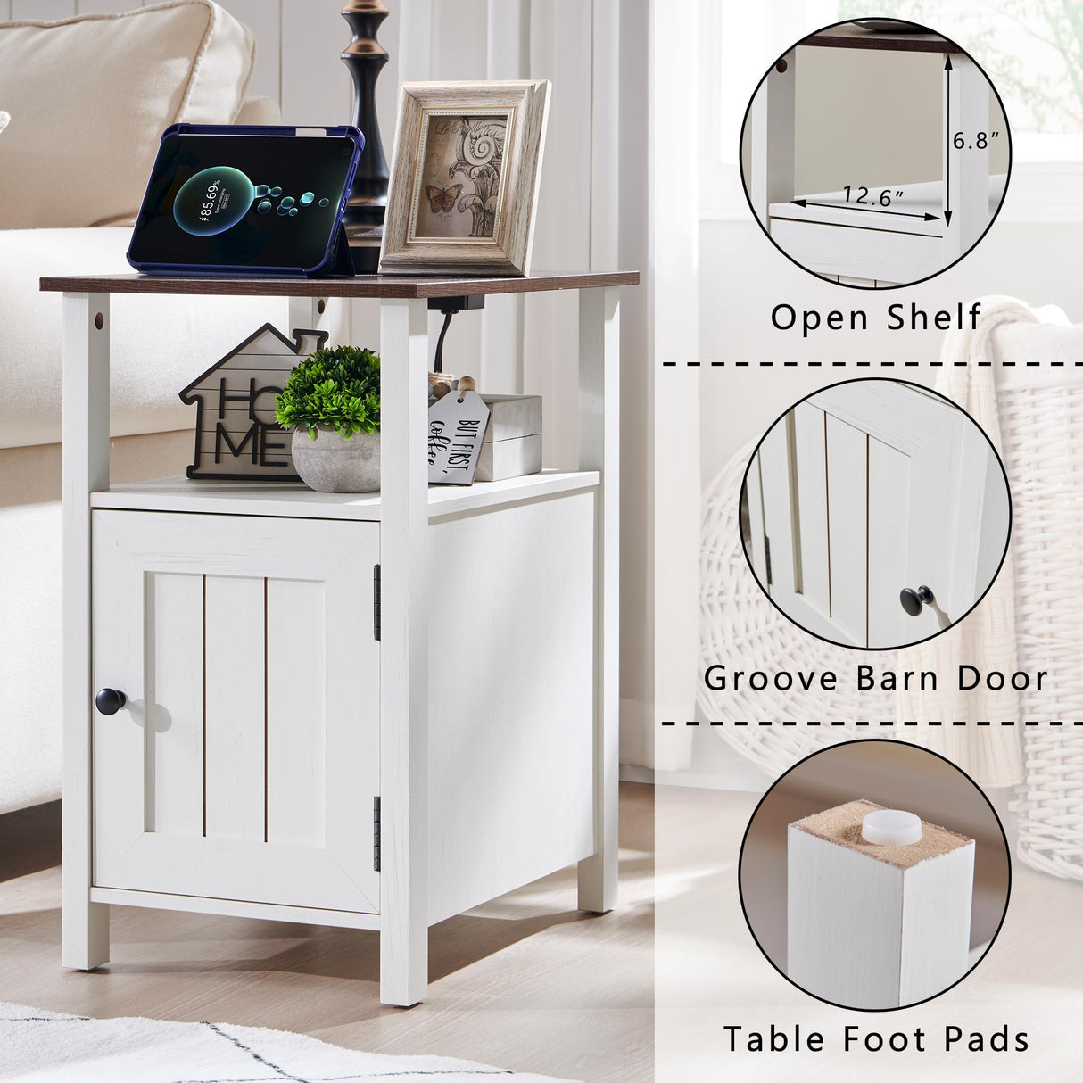 IFGET Farmhouse Nightstand Set of 2, End Table with Charging Station, Rustic Side Table w/Barn Door & Open Shelves, Bedside Table w/Storage Space and Storage Cabinet for Bedroom, Living Room (White) IFGET