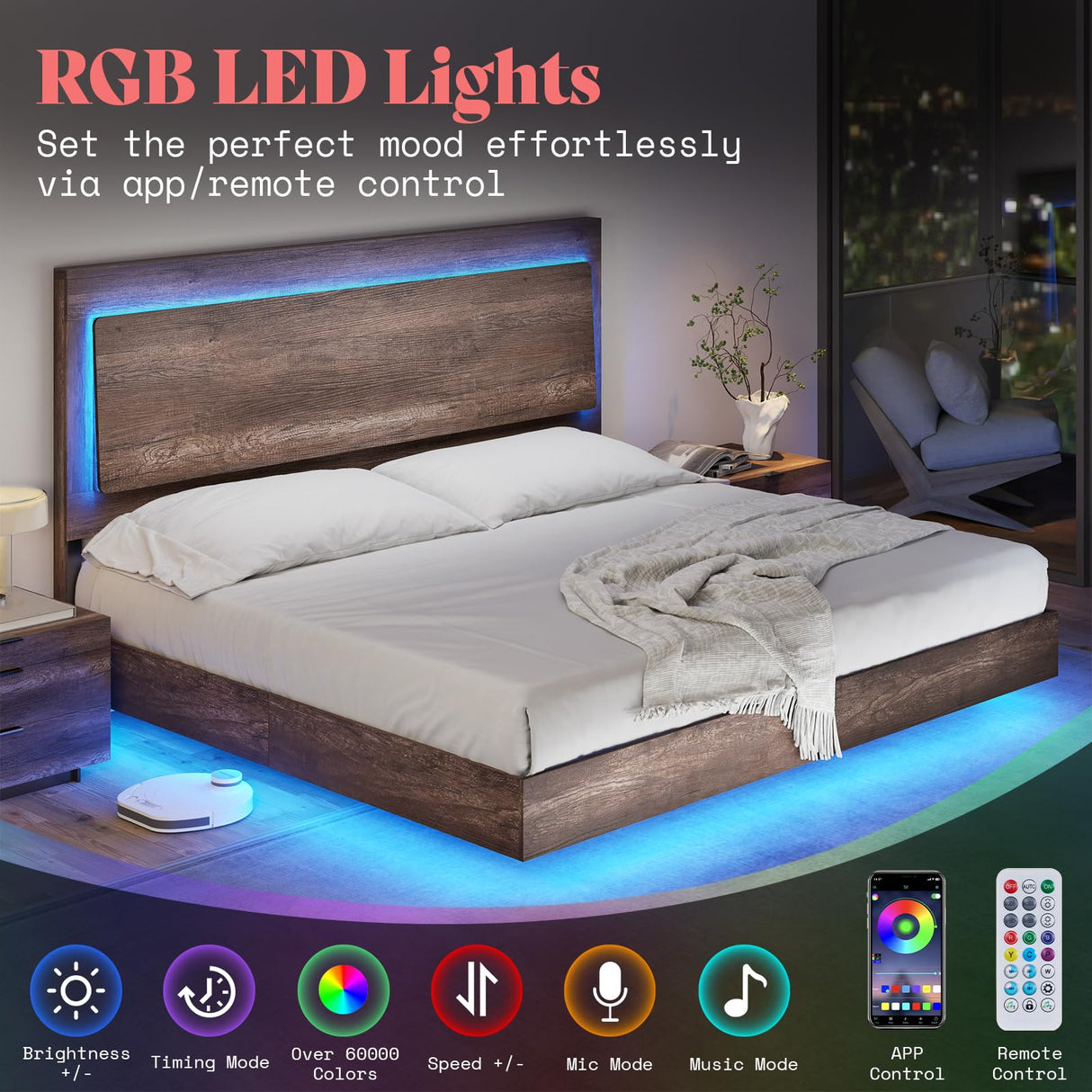 AMERLIFE Floating King Bed Frame with Recline Headboard and LED Lighting in Washed Gray AMERLIFE