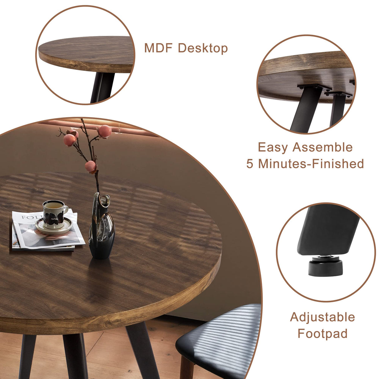 Comfy to go Round Dining Table, 31.5" Small Kitchen Table for 2-4 Person, Mid Century Modern Dining Table with 1.4" Thickness Wood Grain Tabletop for Dining, Living Room, Small Space (Rusty Brown) Comfy to go