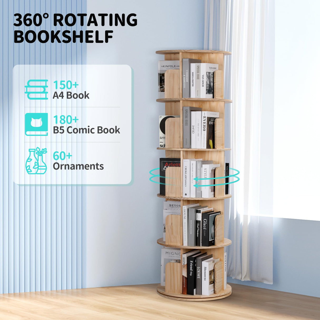 Rengue Rotating Bookshelf Tower, 5 Tiers Floor Standing Bookcase Storage Rack, 360 Display Round Spinning Bookshelf with Detachable Feet for Small Space, Bedroom, Living Room, Office Rengue