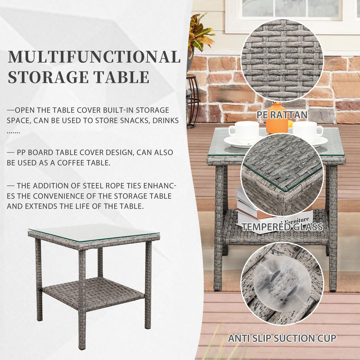 Valita 3 Piece Patio Rocking Chair Outdoor Rattan Bistro Set with Glass Top Table Conversation Set with Grey PE Wicker, Gray Cushion Valita