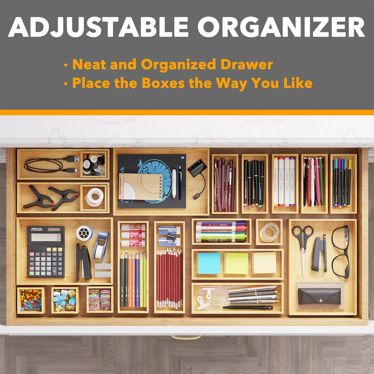 SpaceAid 21-Piece Bamboo Drawer Organizer Storage Boxes Set, Wood Tray Junk Drawer Organizers Multi-Use Divider Bins for Kitchen, Bathroom, Office Desk and Makeup Organization (21 Pack, Natural) SpaceAid