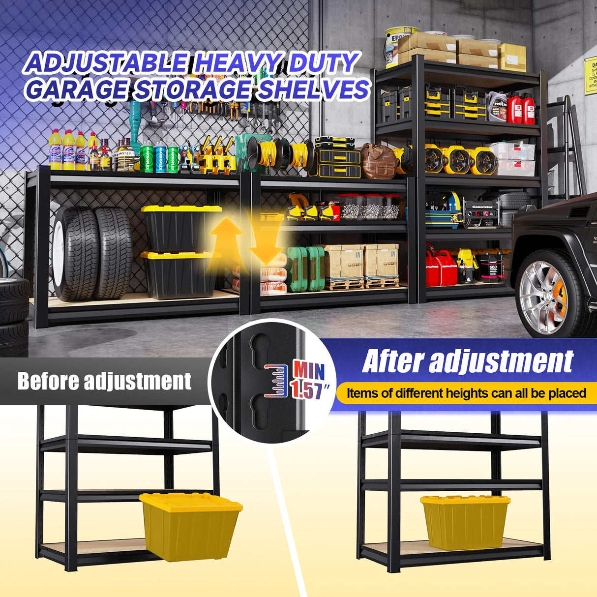 5-Tier Garage Shelving Heavy Duty, Adjustable Storage Shelves, 2500LBS Metal Garage Shelves,Storage Rack for Basement, Warehouse, Pantry, Easy Assembly, Black (wooden-72''H x 35.4''W x 15.7''D) ZZXCBB