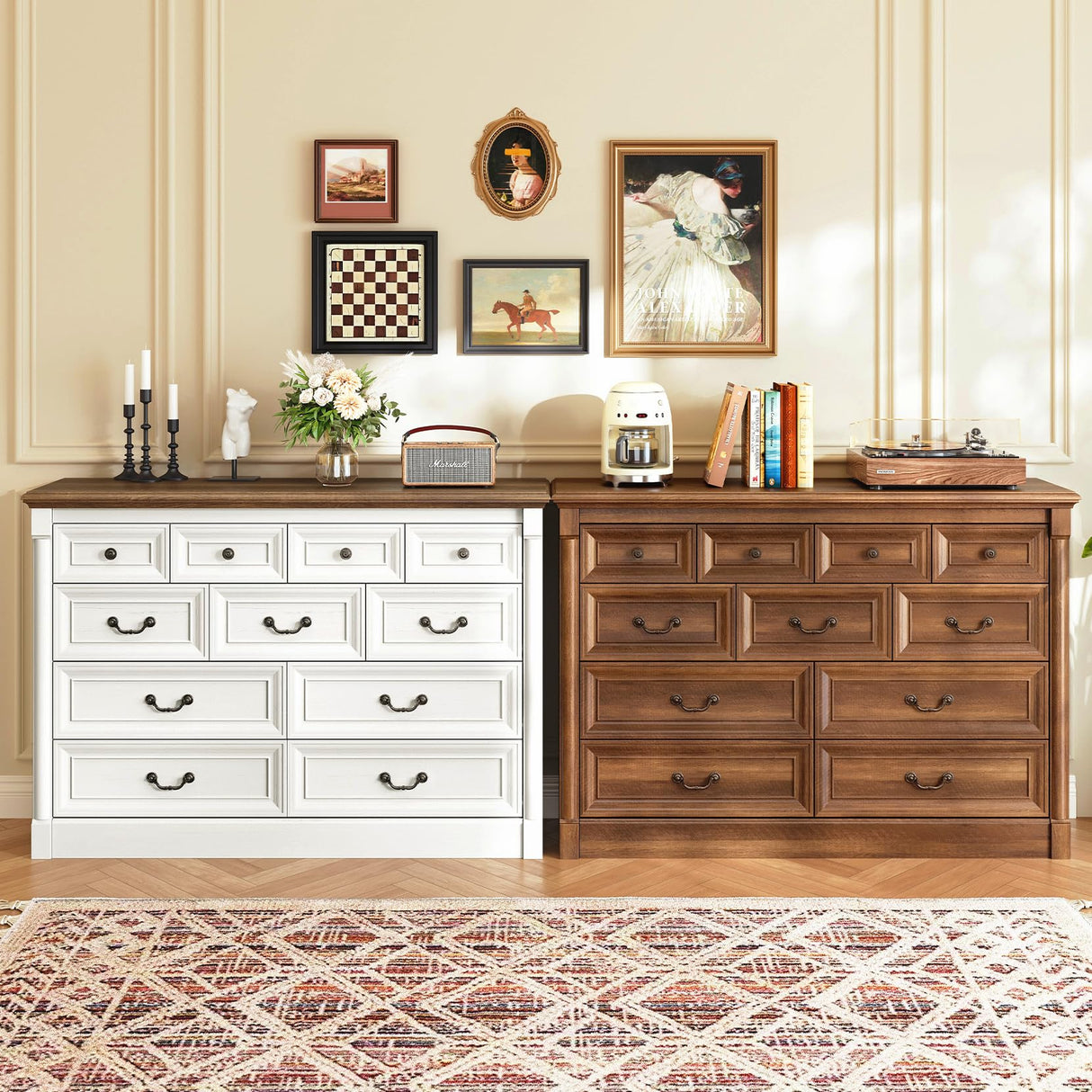 Concho Farmhouse 11 Drawers Dresser for Bedroom, 53'' Wide Wood Chest of Drawers with Spacious Deep Storage Space, Rustic Storage Dressers Organizer, TV Stand for Living Room, Bedroom, Antique White Concho
