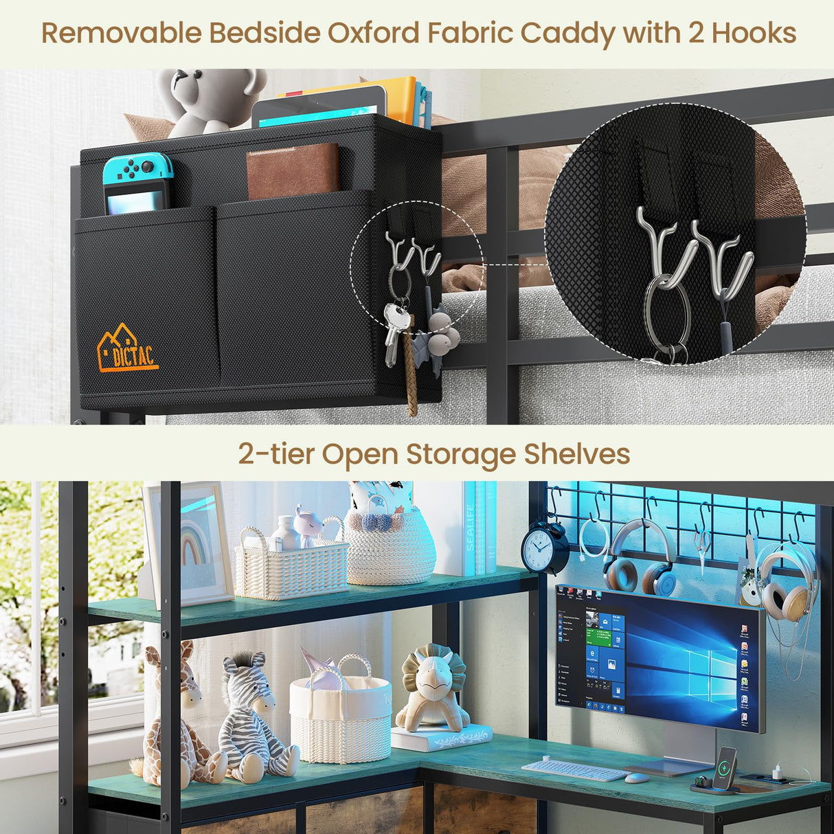 DICTAC Bunk Bed with L-Shaped Desk,5 Storage Drawers and 2 Shelves Metal Twin XL Over Twin Bunk Bed with LED Lights and Charging Station,bunk Beds with Safety Guardrail & Ladder,Space-Saving,Black DICTAC