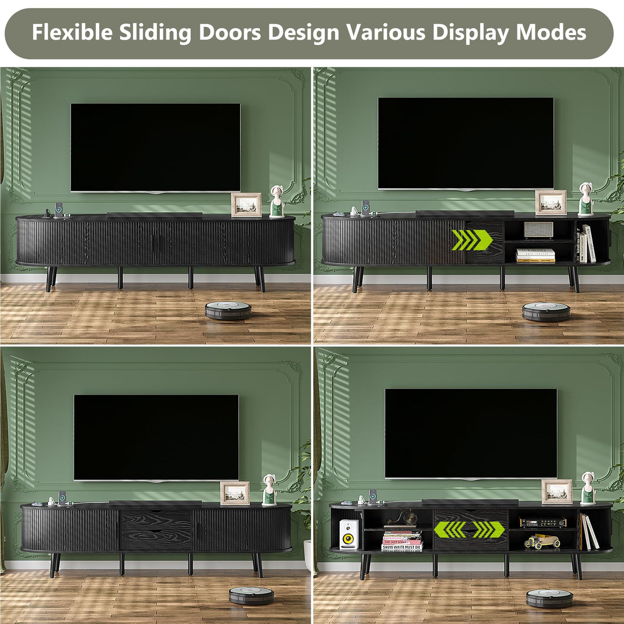 Mid Century Modern TV Stand for 75/65/55 inch TV, Farmhouse TV Stand with Charging Station, Fluted Entertainment Center with Storage and Sliding Doors, TV and Media Consol for Living Room, Black, 69" Syvella