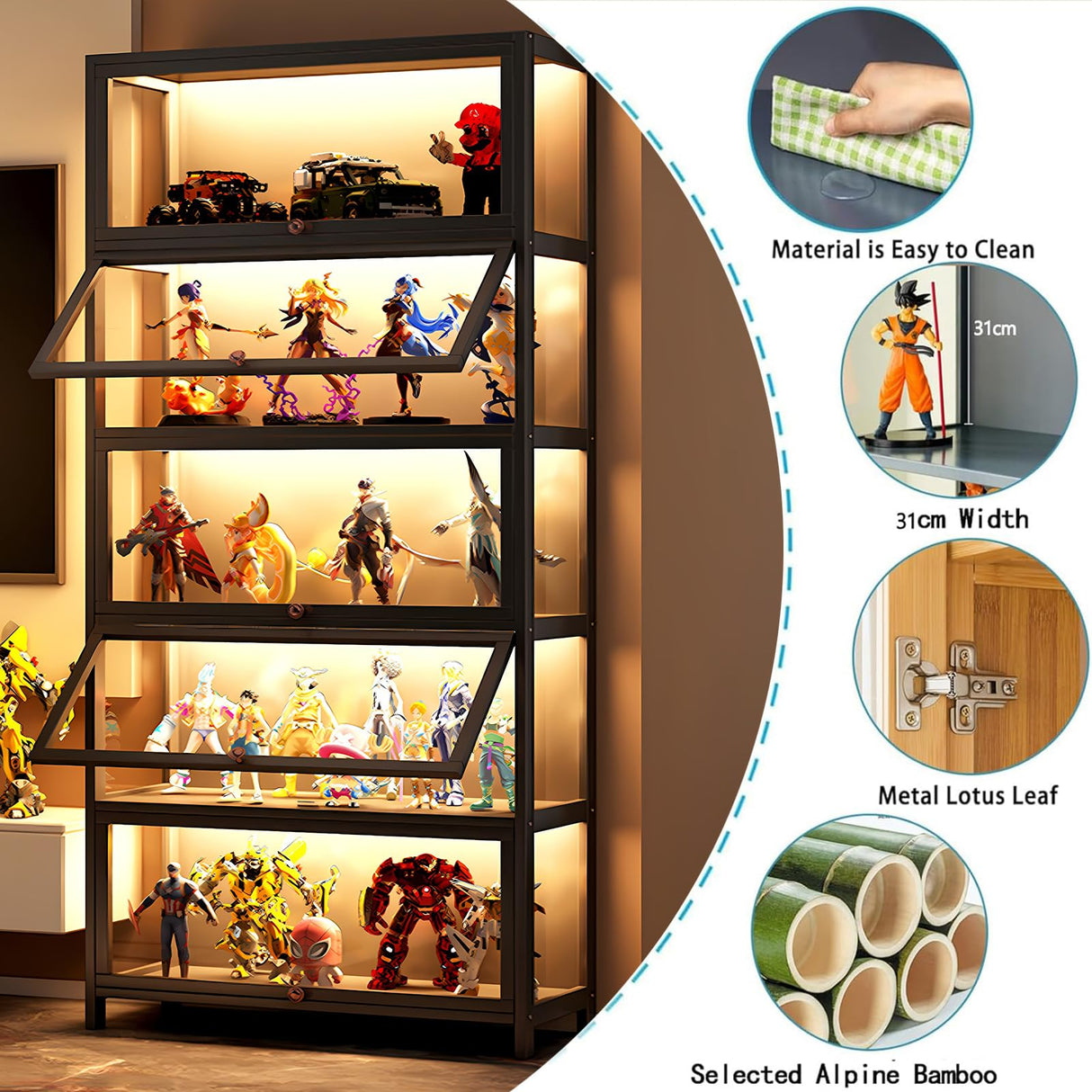 JOIHGA 5 Tier Curio Display Cabinet with Acrylic Glass Door, Large Capacity Storage Cabinet Collectibles Toy Organizers Rack & Display Shelf, Kids Bookshelf and Bookcase for Playroom, Bedroom JOIHGA