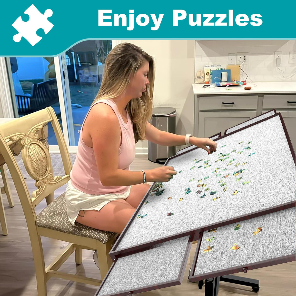 Jigsaw Puzzle Table 1500 Pieces,Adjustable Height&Up Puzzle Board with Cover and 4 Drawers,34×26in Puzzle Tables for Adults,Puzzle Board with Cover with Legs for Puzzle Doer(Coffee Color) RAGOZONERY