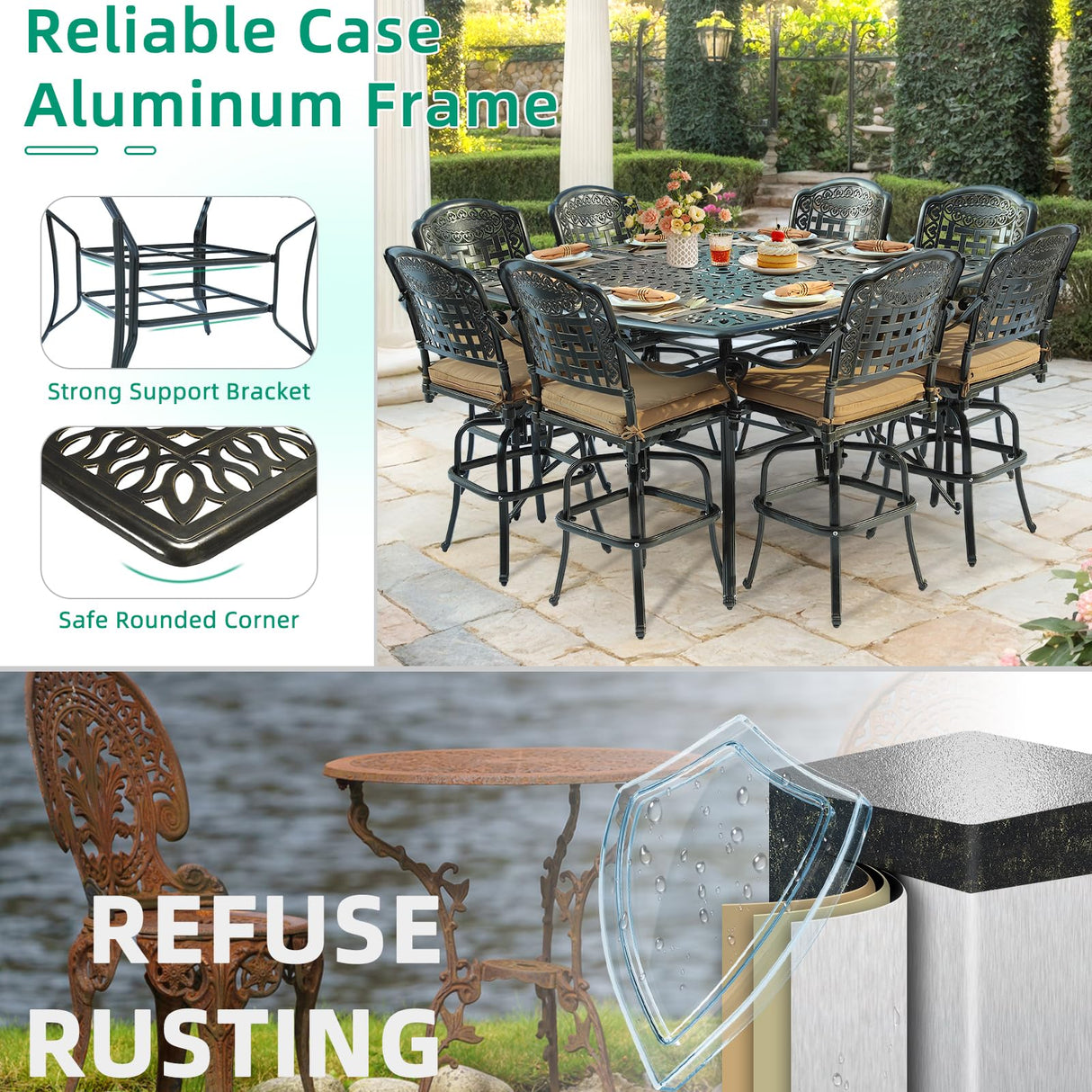 VIVIJASON 9-Piece High Patio Dining Set, Free-Rust Cast Aluminum Patio Bar Table and Chairs Set with 8 Swivel Bar Stools & 64" Bar Height Dining Table, Umbrella Hole for Backyard, Lawn, Garden VIVIJASON