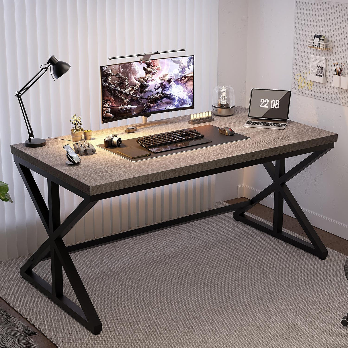 IBF Computer Desk, Industrial PC Laptop Office Desk, Farmhouse Gaming Desk with Spacious Desktop, Rustic Wood Metal Writing Study Work Table for Home Office Bedroom, 47 Inch, Grey Oak IBF