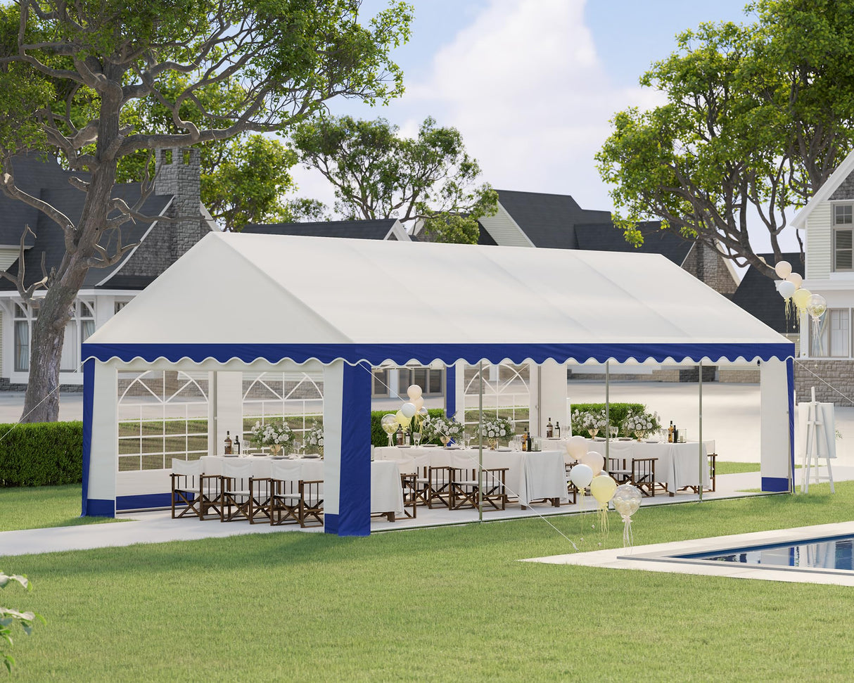 AMERLIFE 13 x 26 FT Party Tent with Rolled Sidewalls, Heavy Duty Wedding Tent for Party Outside with Zinc Alloy Tube & Spiral Stakes, Waterproof Event Shelters, White & Blue AMERLIFE