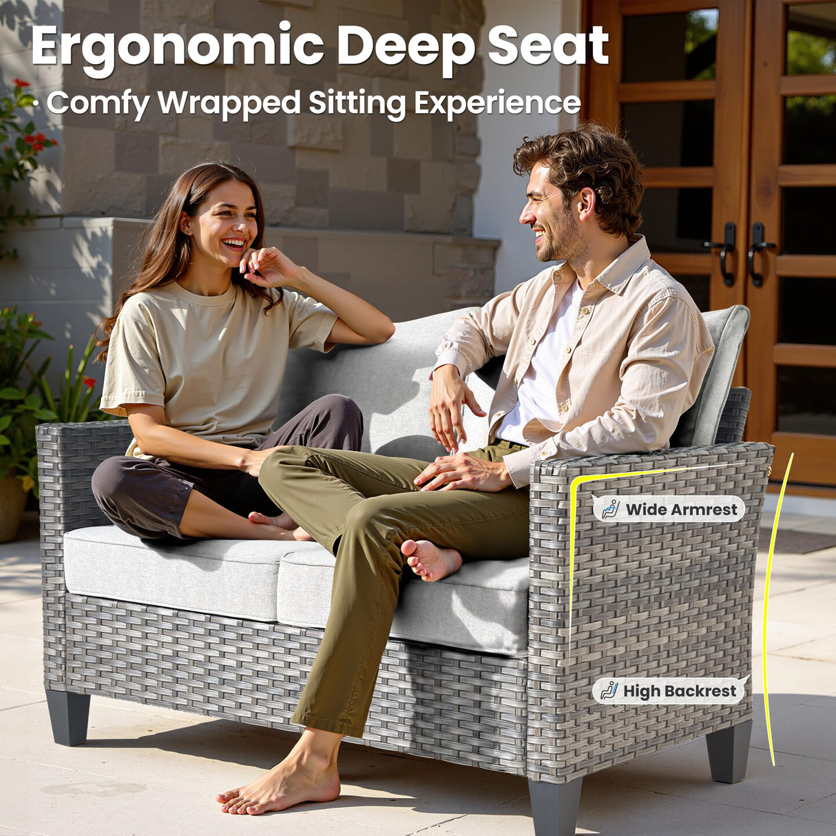 ovios Patio Loveseat, 2-Seater Outdoor Wicker Sofa Couch with Comfy Cushions, All Weather High Back Deep Seating Rattan Love Seat for Porch Deck Balcony, Grey ovios