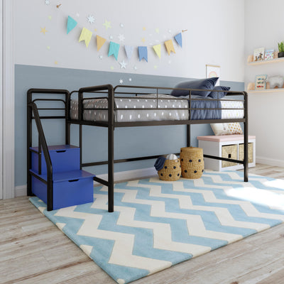 DHP Junior Twin Metal Loft Bed with Storage Steps, Multifunctional Space-Saving Solution - Black with Blue Steps