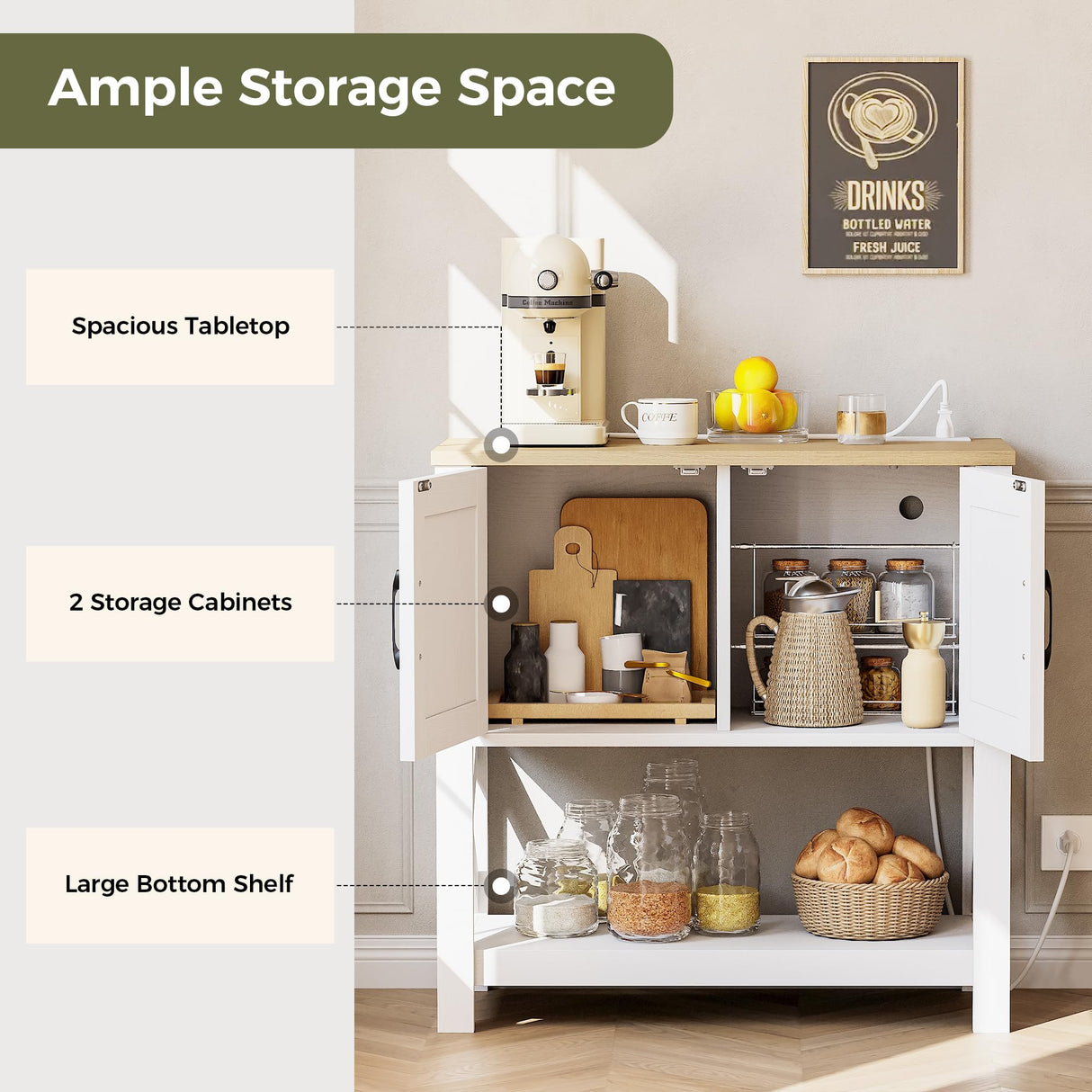 IRONCK Farmhouse Entryway Table Console Table with Power Outlet, Coffee Bar Cabinet, Sofa Table with Cabinet and Storage Shelf, for Hallway, Kitchen, Foyer, Living Room, White IRONCK