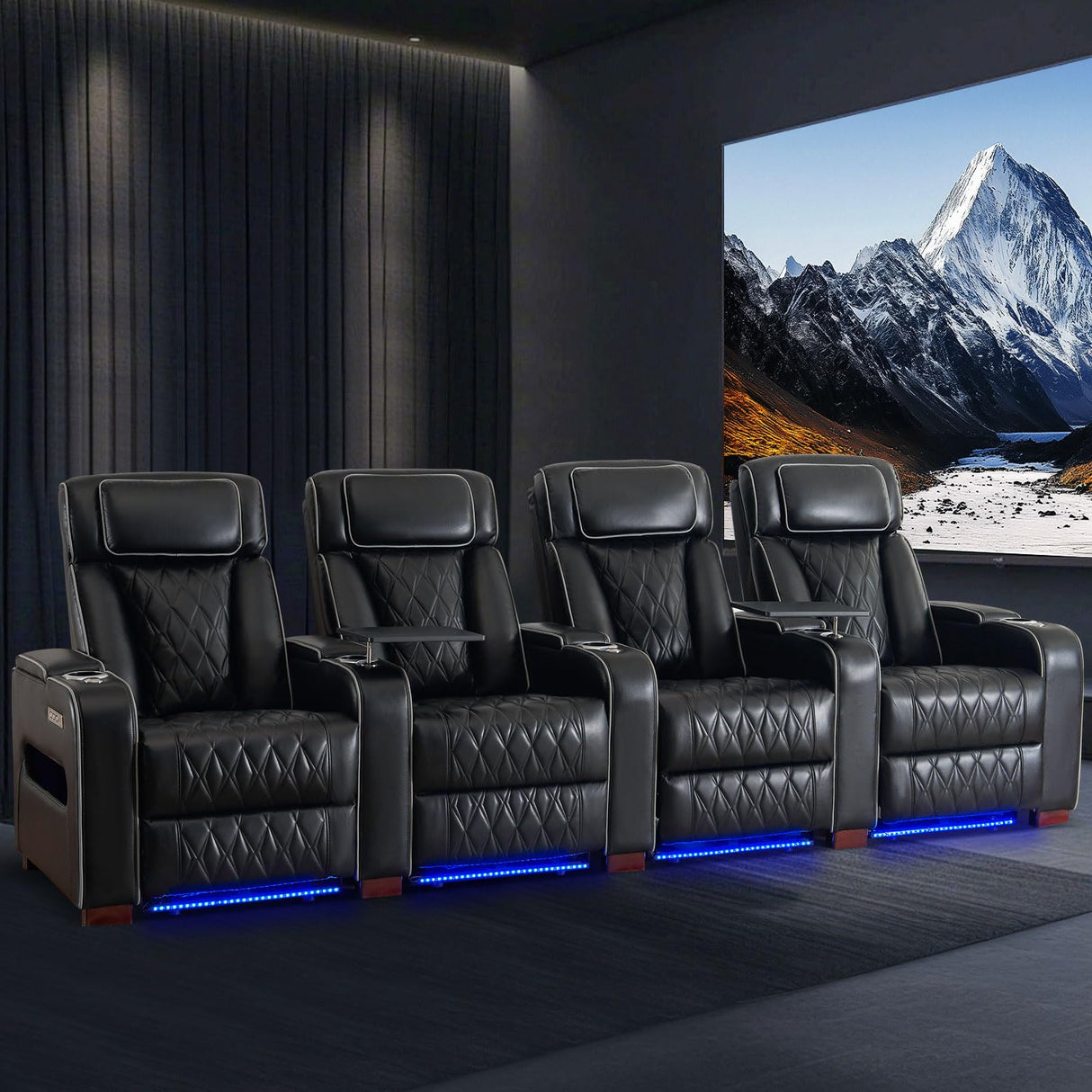 Luxury Home Theater Seating – Power Recliner with Adjustable Headrests, Blue LED Ambient Lighting, Tray Table, USB & Type-C Charging (4 Seat) CALIVIA