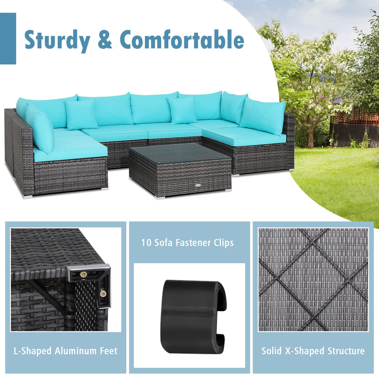 Tangkula 7 Pieces Patio Furniture Set, Patiojoy All-Weather Outdoor Rattan Sectional Sofa Set with Cushions and Tempered Glass Coffee Table, for Garden, Lawn, Backyard (Turquoise) Tangkula