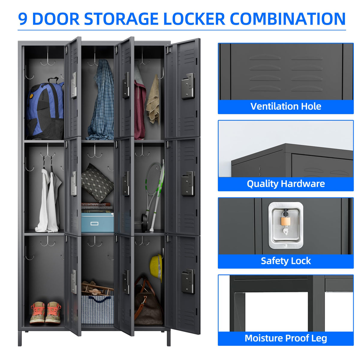 SUXXAN 9 Doors Storage Locker Combination with 18 Hooks,Industries Double Tier Metal Locker for School Office Gym Home Employees Staff Sundries Room W35.43*D15.7*H72(Dark Grey) SUXXAN
