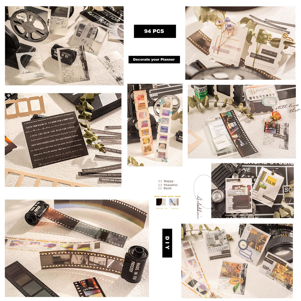 Doraking 94PCS Film Scrapbook Paper Packs for Journaling Supplies, Washi Stickers Material Papers Memos Cards Waterproof Tape Stickers for Journals Planners Aesthetic DIY Art Crafts Collage Album Doraking