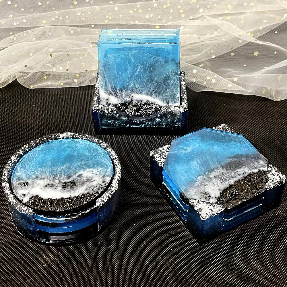 RESINWORLD Set of 3 Thick Square Octagon Round Coaster Molds with Matching Holder Mold, Shiny Coaster Silicone Molds for Resin Casting ResinWorld