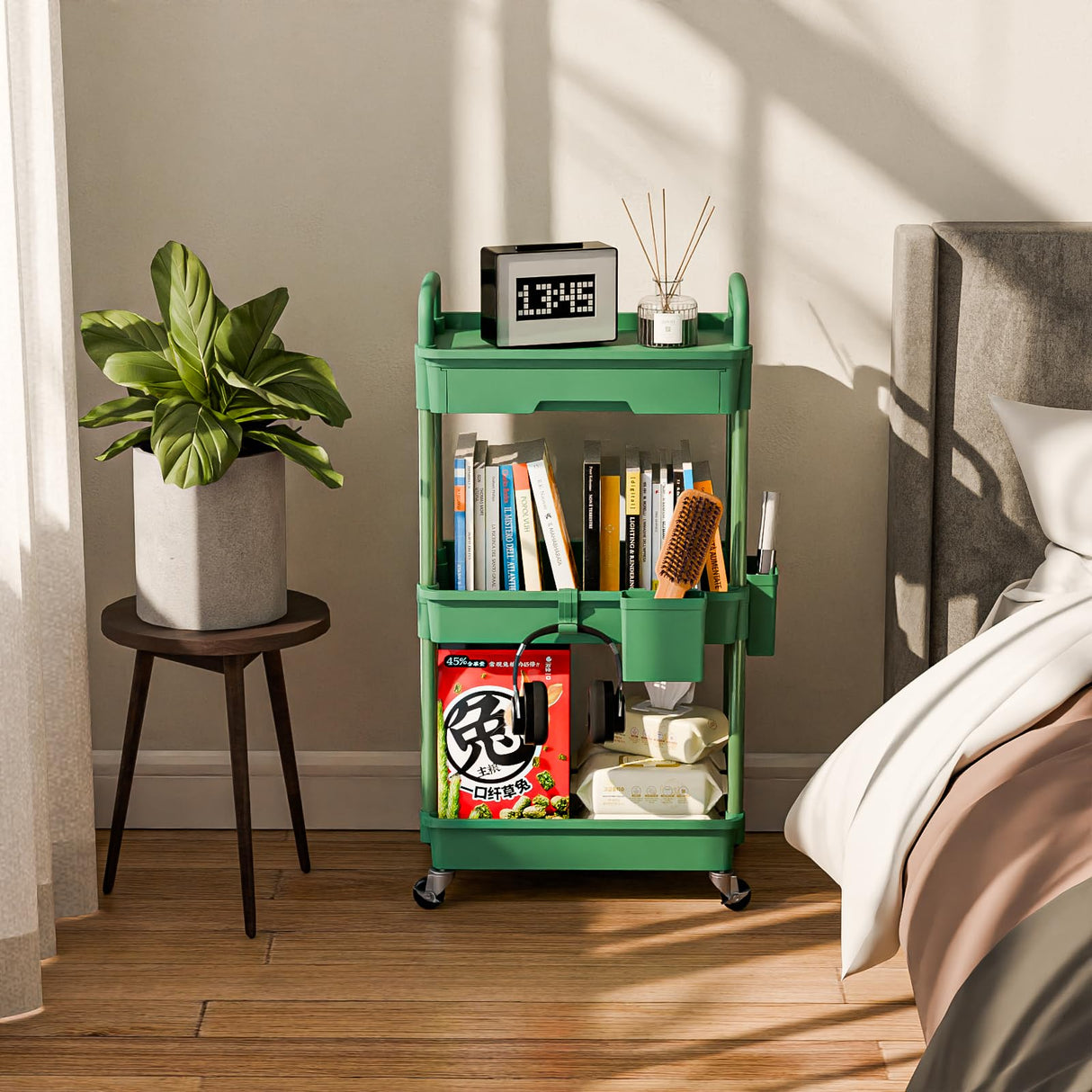 Sorgion 3 Tier Small Rolling Cart Organizer,Laundry Room Bathroom Organizers and Storage Office Shelves Mobile Shelving Unit Kitchen Trolley Cart with Wheels for Art,Craft,Diaper,Bedside,Snack(Green) Sorgion